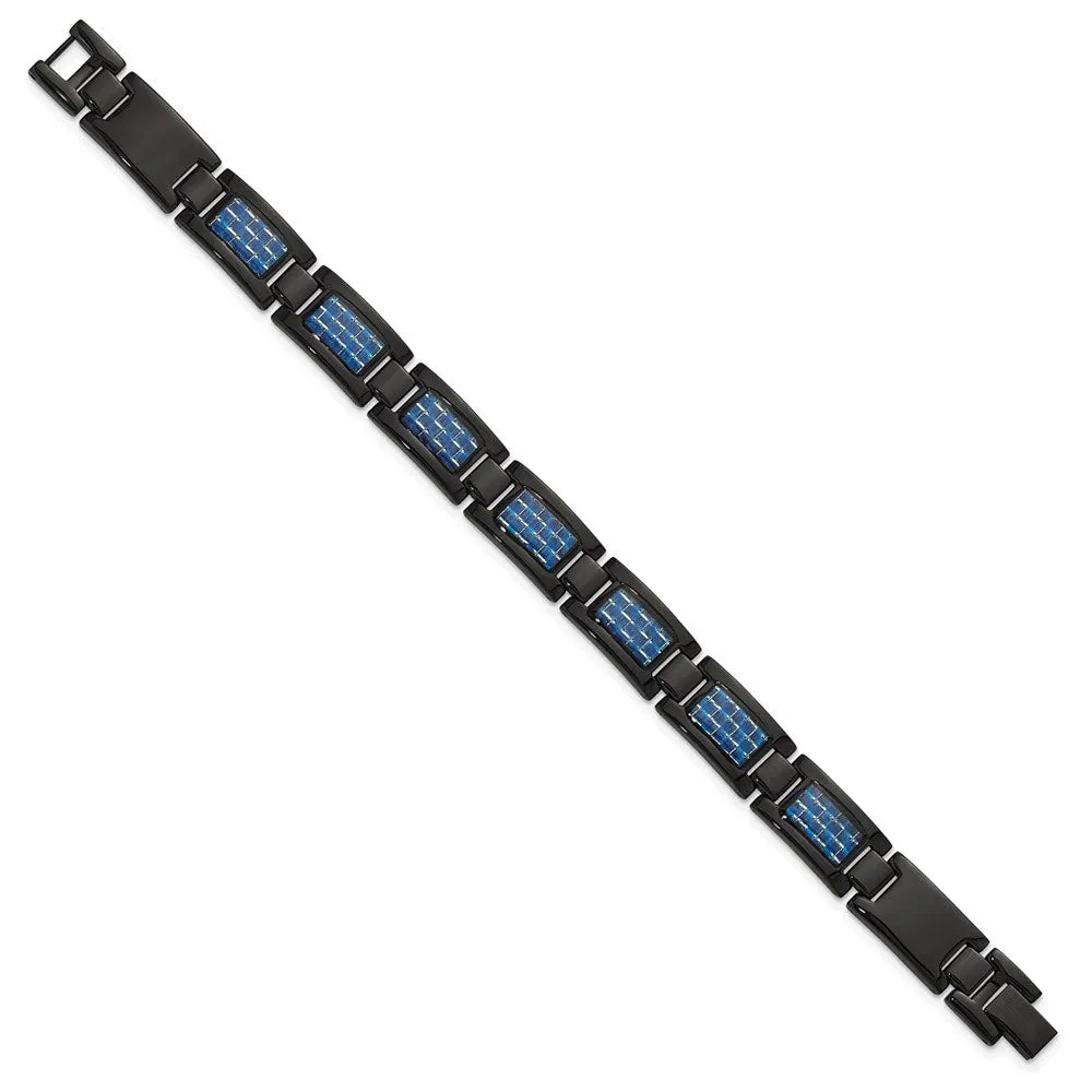 12mm Black Plated Stainless Steel, Blue Carbon Fiber Bracelet, 8.25 In