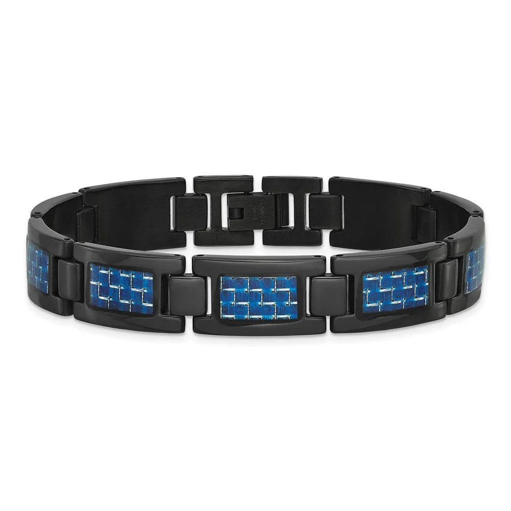 12mm Black Plated Stainless Steel, Blue Carbon Fiber Bracelet, 8.25 In