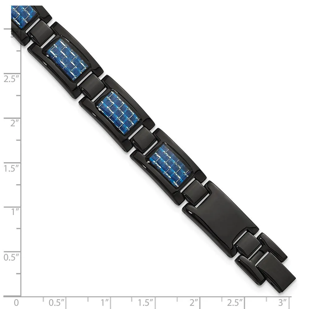 12mm Black Plated Stainless Steel, Blue Carbon Fiber Bracelet, 8.25 In