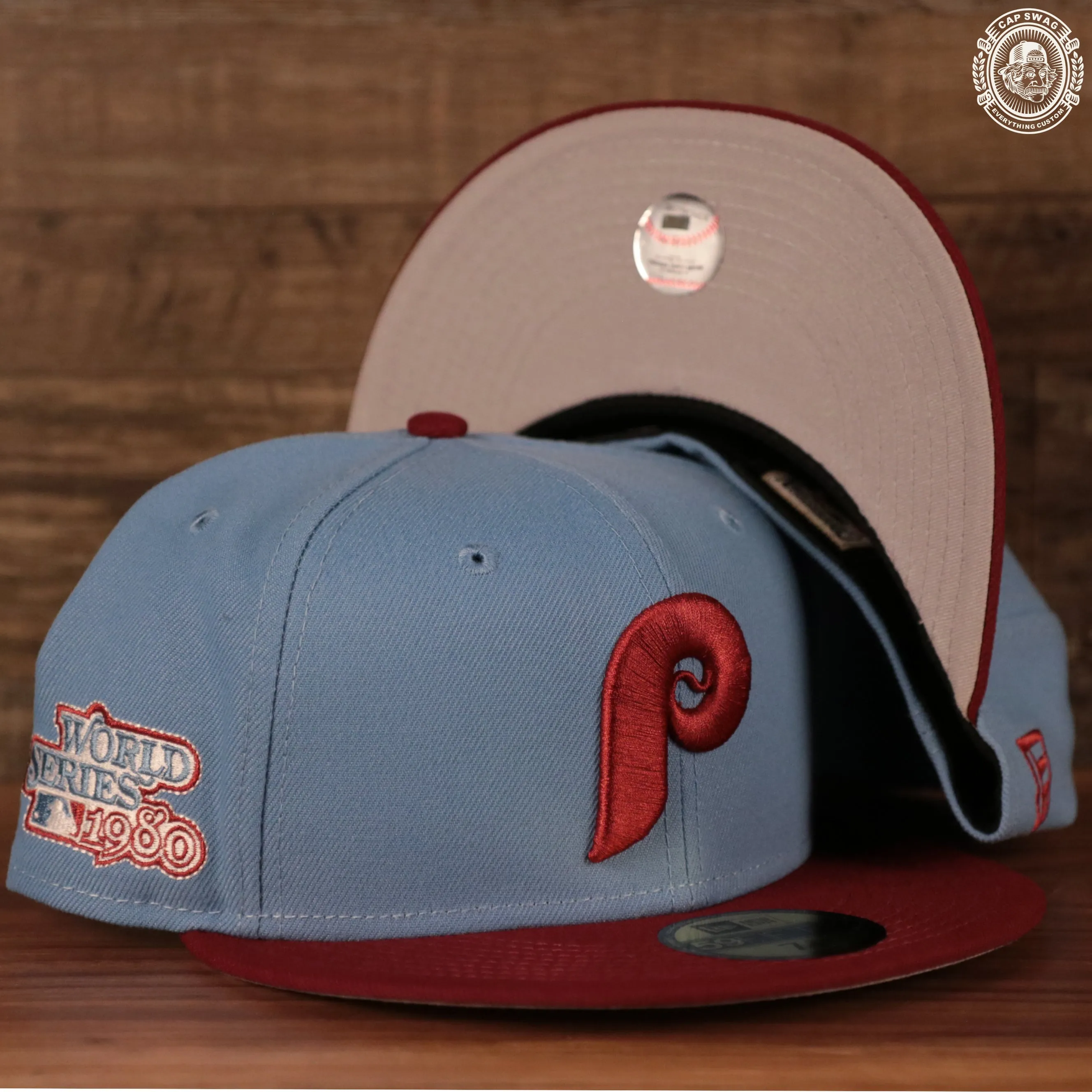 1980 World Series Cooperstown Phillies 59fifty Gray Bottom Fitted | Vintage Phillies Ice Blue/Maroon Side Patch Fitted Hat