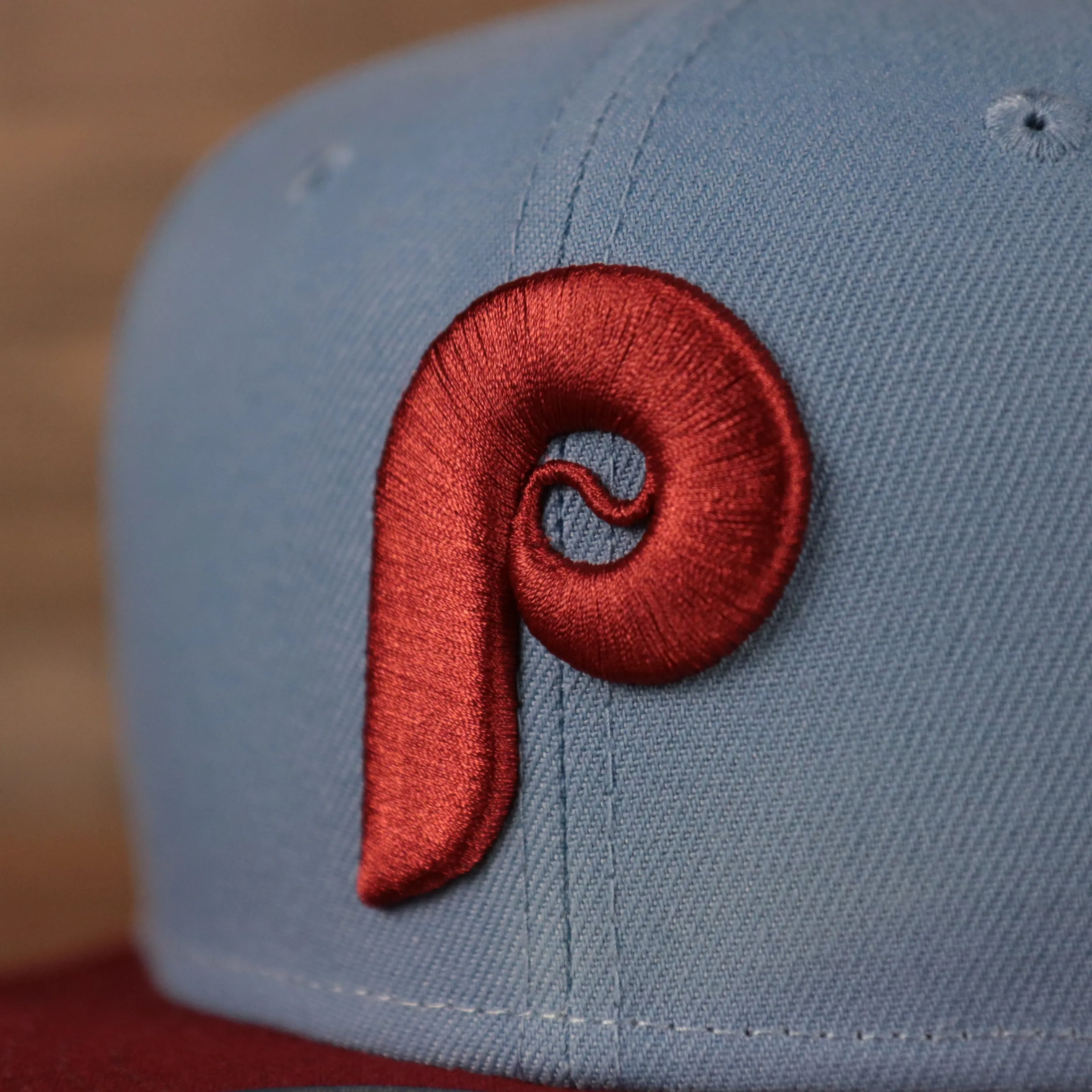 1980 World Series Cooperstown Phillies 59fifty Gray Bottom Fitted | Vintage Phillies Ice Blue/Maroon Side Patch Fitted Hat