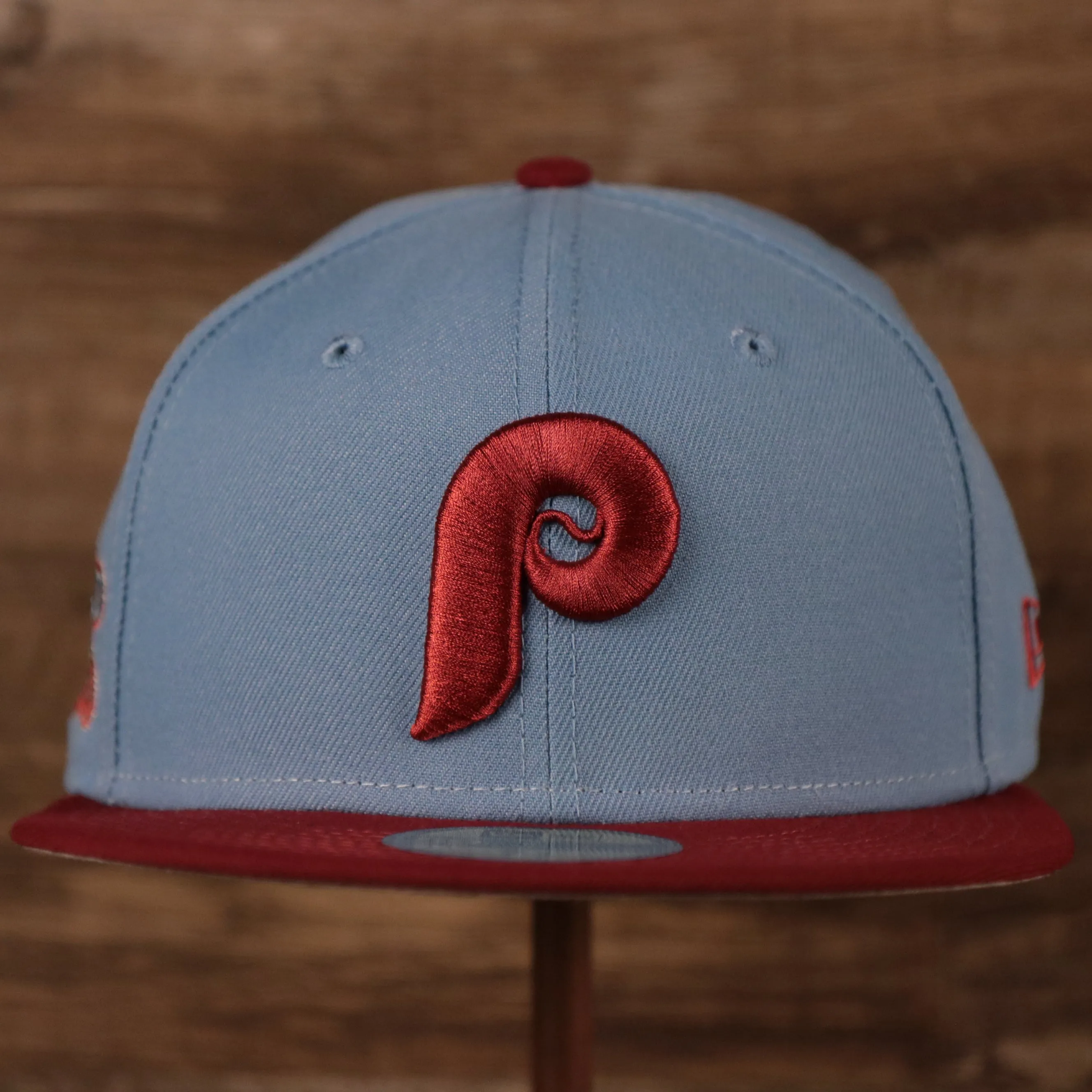 1980 World Series Cooperstown Phillies 59fifty Gray Bottom Fitted | Vintage Phillies Ice Blue/Maroon Side Patch Fitted Hat