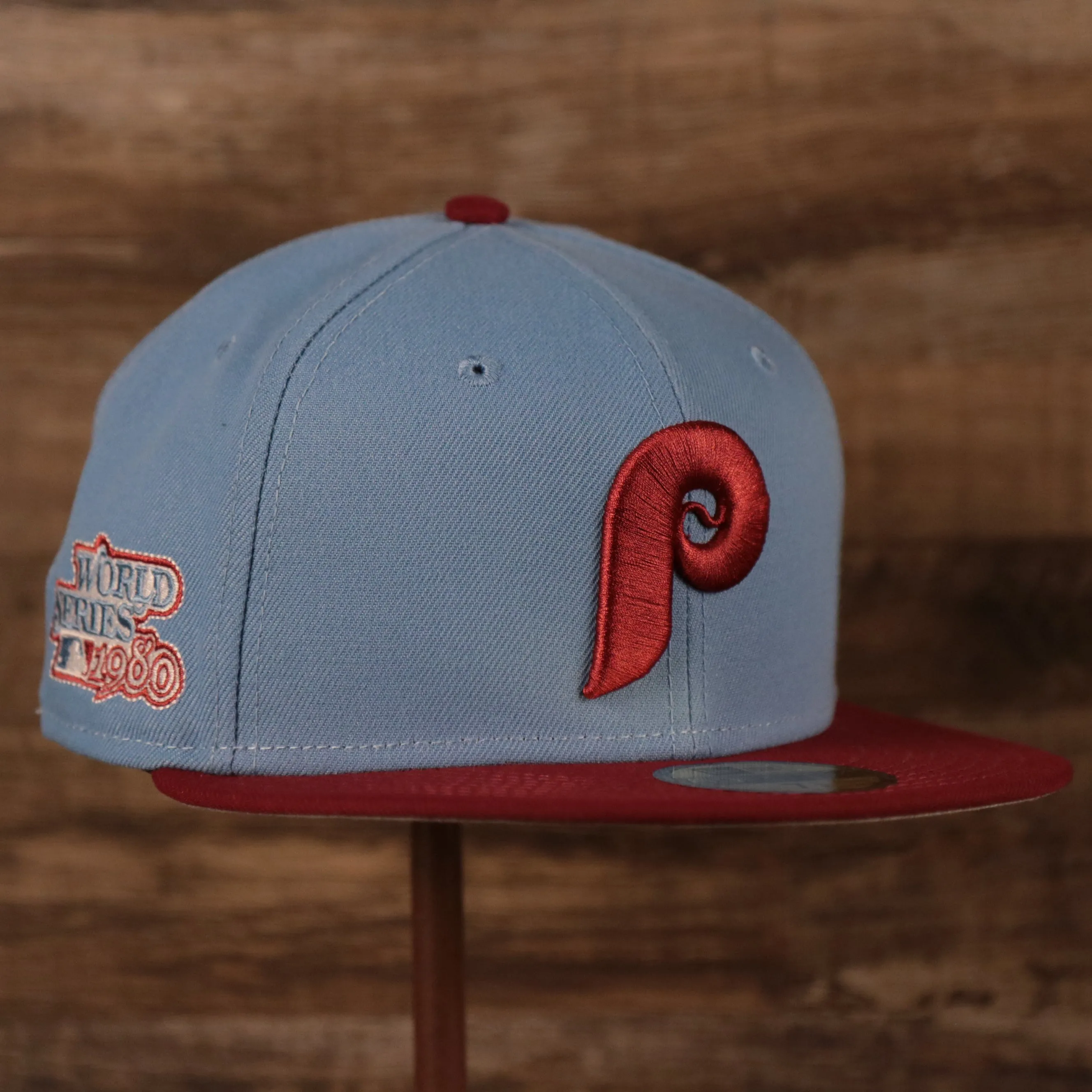 1980 World Series Cooperstown Phillies 59fifty Gray Bottom Fitted | Vintage Phillies Ice Blue/Maroon Side Patch Fitted Hat