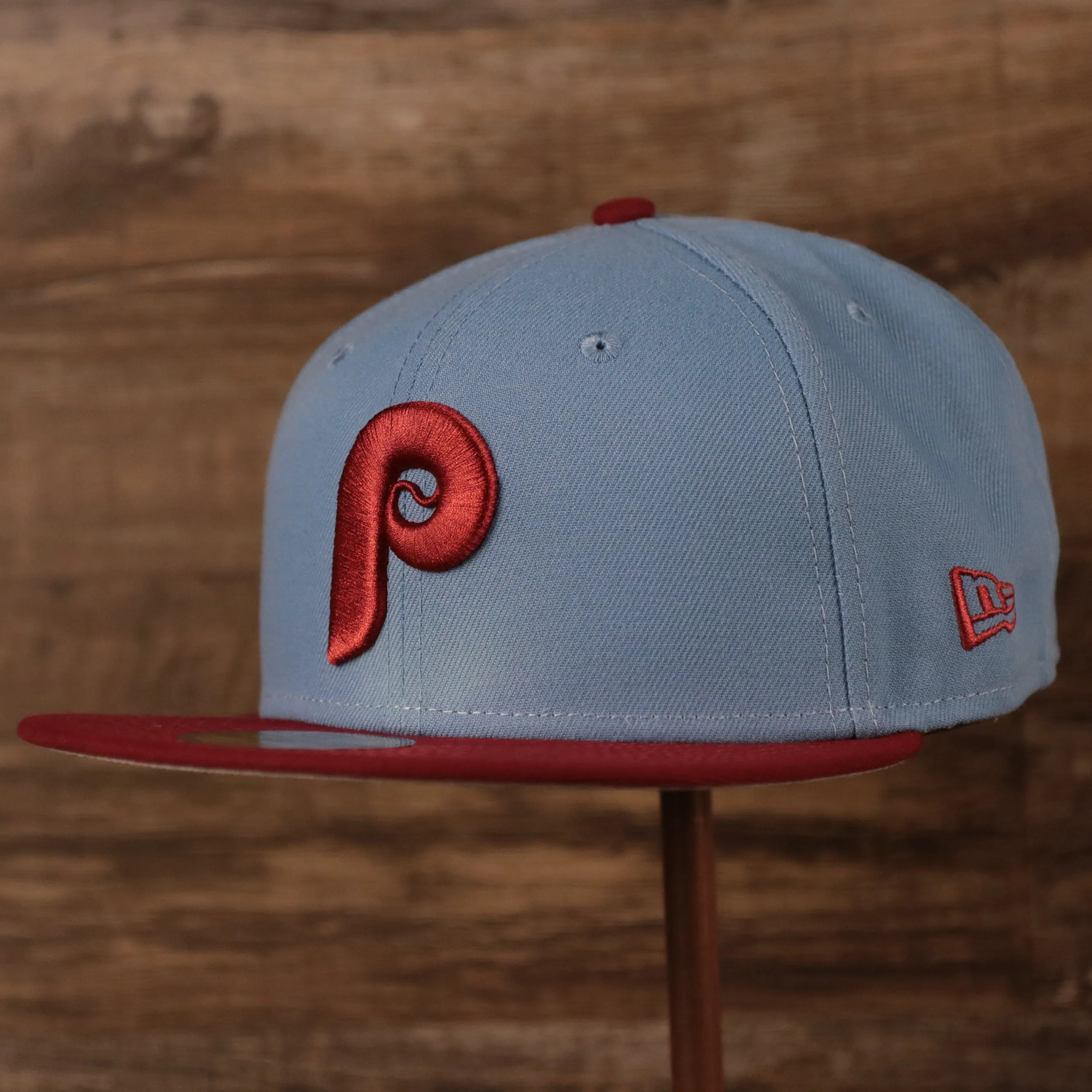 1980 World Series Cooperstown Phillies 59fifty Gray Bottom Fitted | Vintage Phillies Ice Blue/Maroon Side Patch Fitted Hat