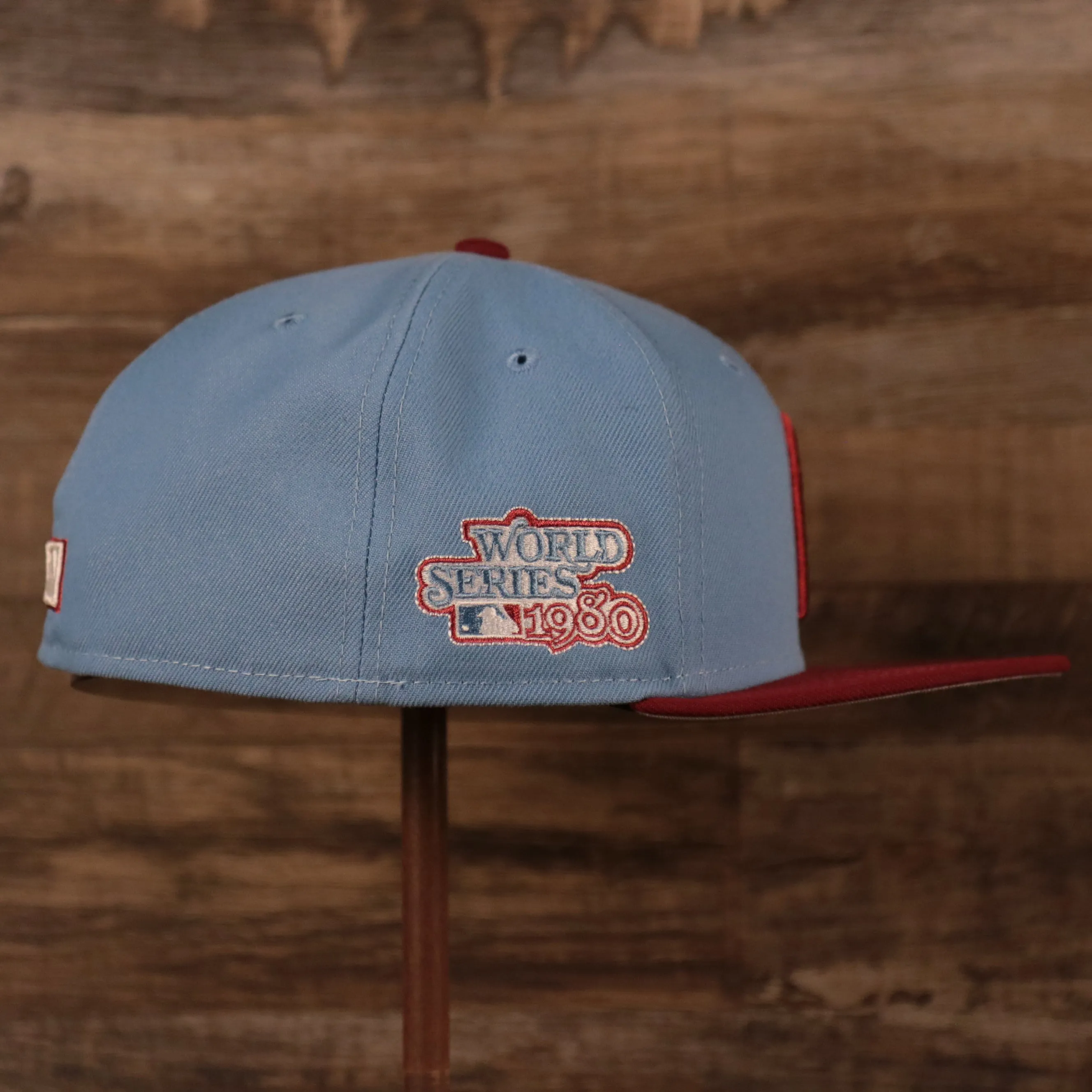 1980 World Series Cooperstown Phillies 59fifty Gray Bottom Fitted | Vintage Phillies Ice Blue/Maroon Side Patch Fitted Hat