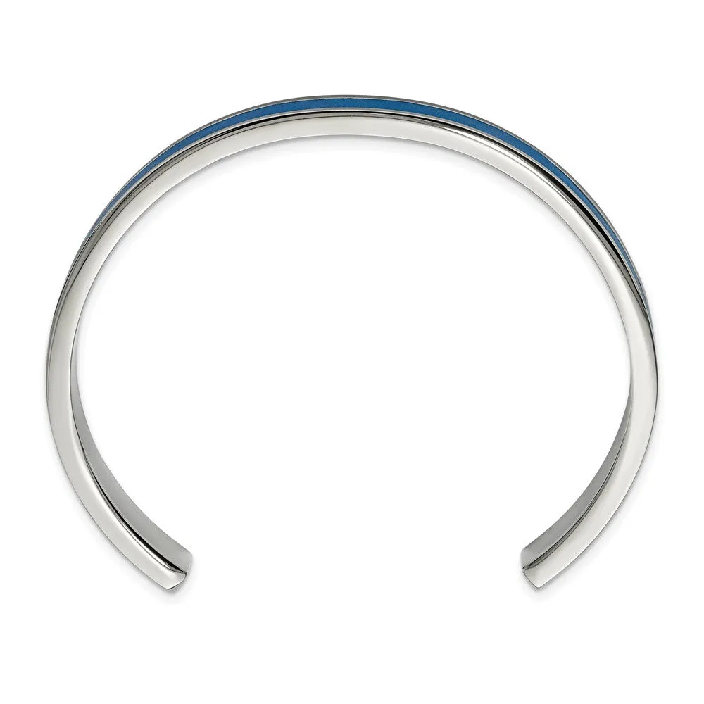 8mm Stainless Steel & Blue Leather Cuff Bracelet, 7.25 Inch