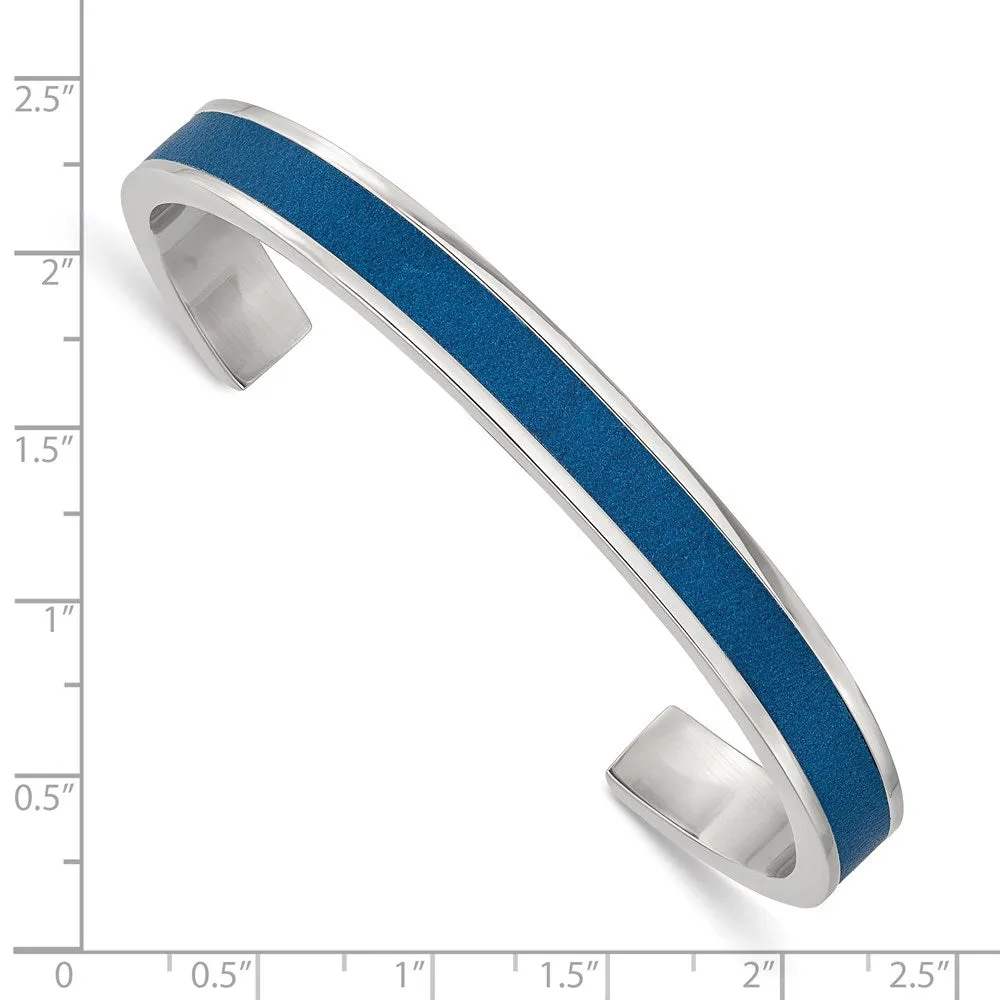 8mm Stainless Steel & Blue Leather Cuff Bracelet, 7.25 Inch