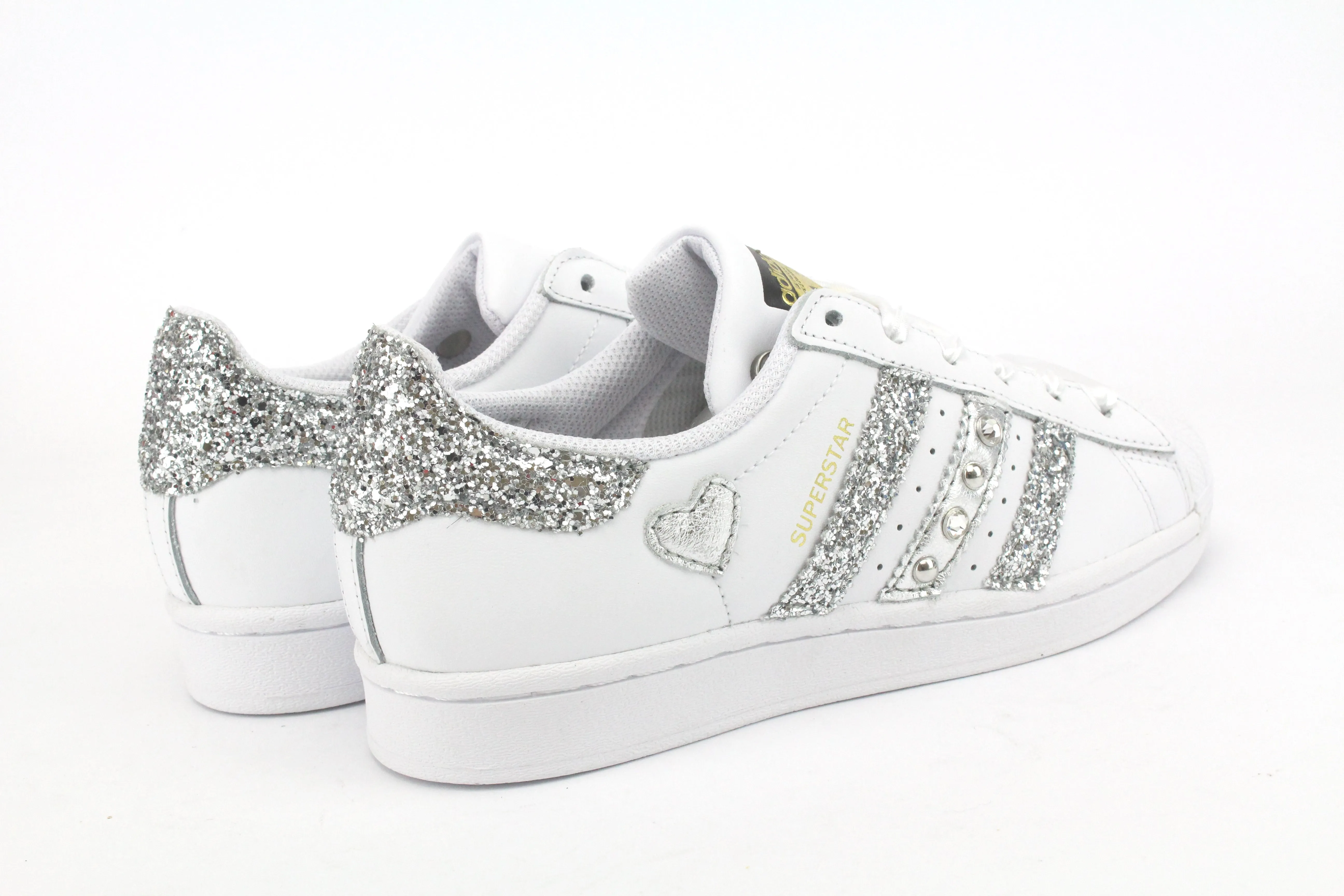 Adidas Superstar Glitter Silver Cuore Strass & Lacci in Raso