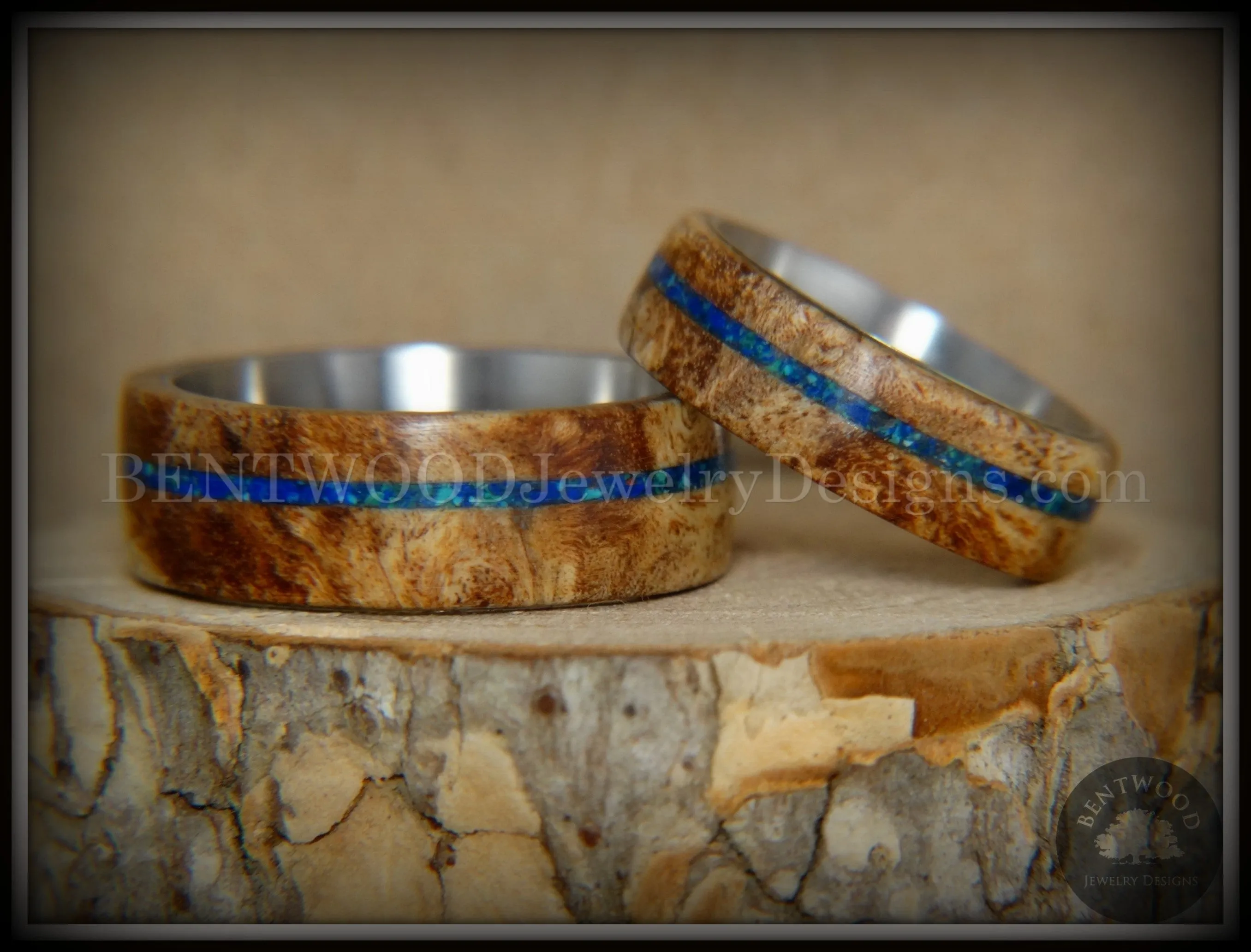 Bentwood Rings Set - Maple Burl on Surgical Steel Core with Azurite and blue Lapis Inlay