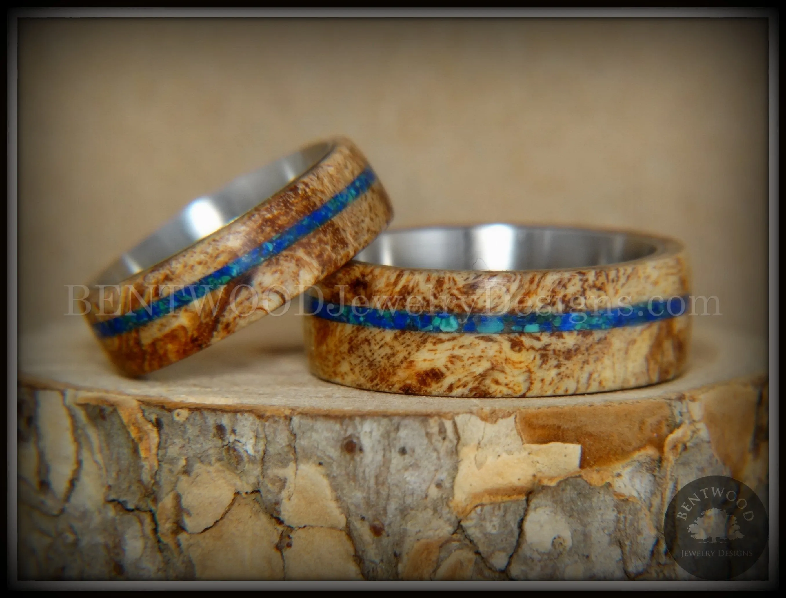 Bentwood Rings Set - Maple Burl on Surgical Steel Core with Azurite and blue Lapis Inlay