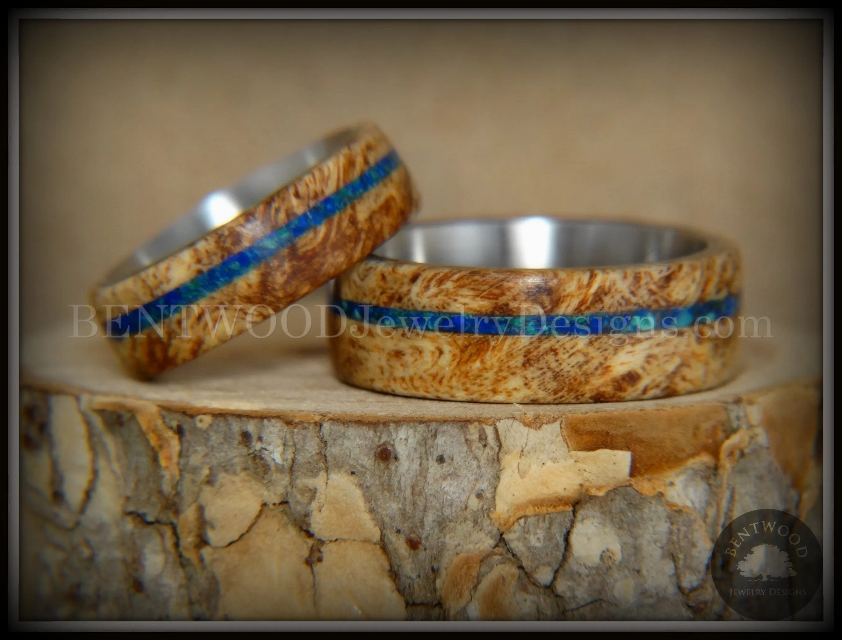 Bentwood Rings Set - Maple Burl on Surgical Steel Core with Azurite and blue Lapis Inlay