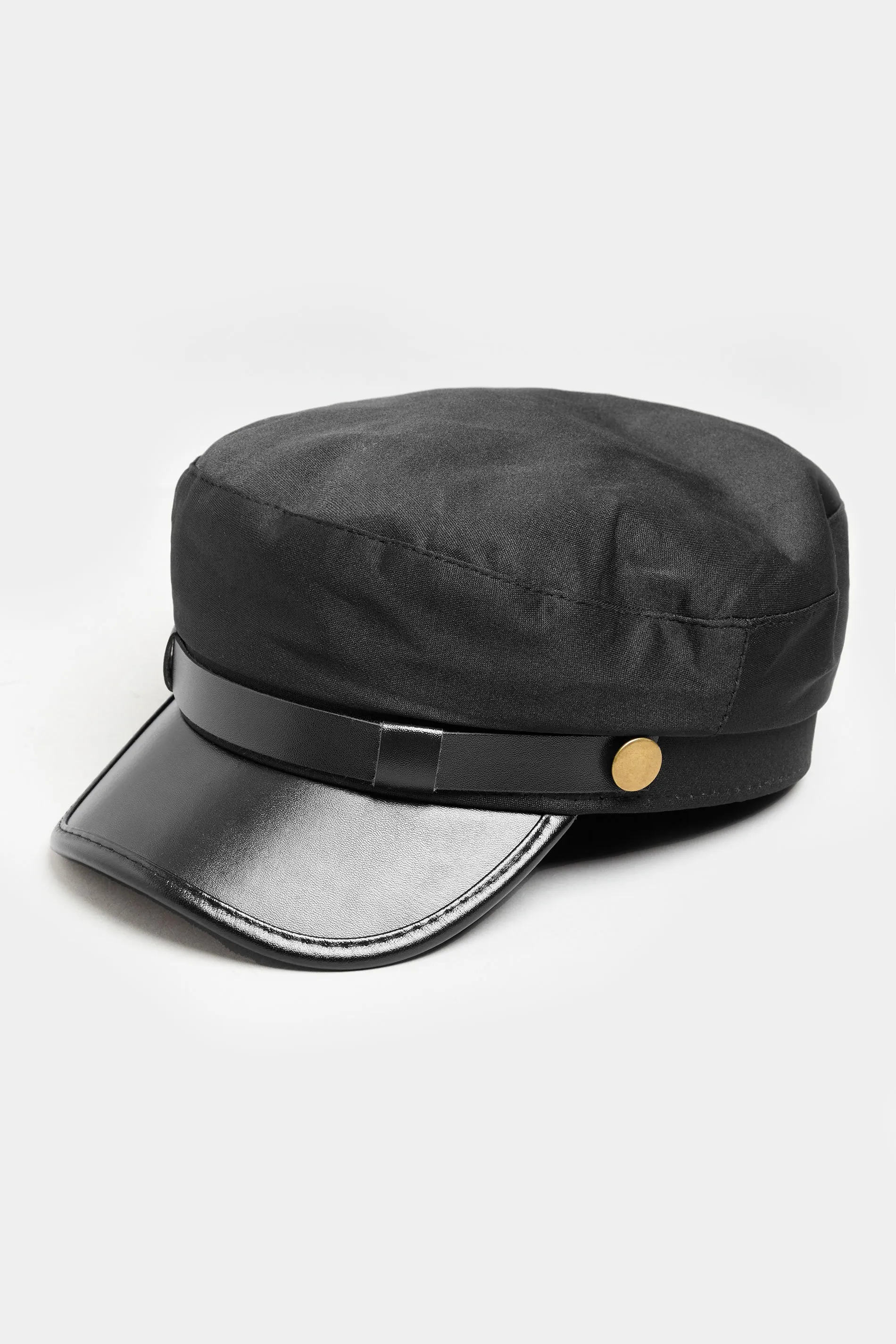 Black Faux Leather Peak Baker Boy Hat