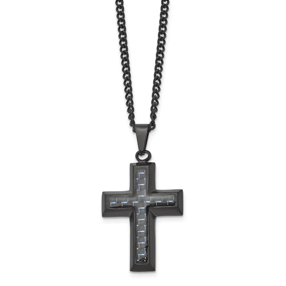 Black Plated Stainless Steel Blue Carbon Fiber Cross Necklace, 24 Inch