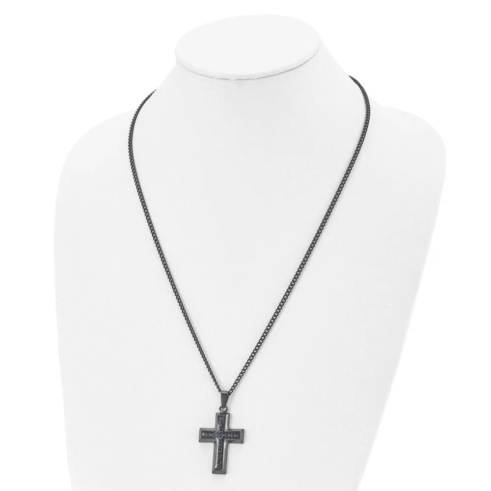 Black Plated Stainless Steel Blue Carbon Fiber Cross Necklace, 24 Inch