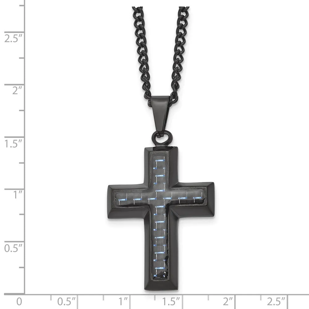 Black Plated Stainless Steel Blue Carbon Fiber Cross Necklace, 24 Inch