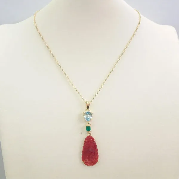 Blue Topaz with Green Agate and Carved Red Jade Terra Firma Pendant