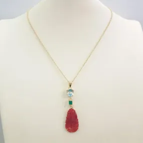 Blue Topaz with Green Agate and Carved Red Jade Terra Firma Pendant