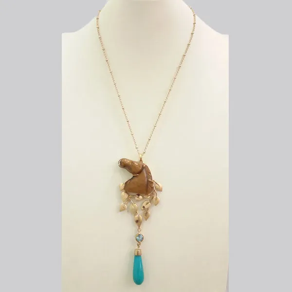 Carved Horse Brown Tigers Eye with Rhodolite Garnet and Amazonite Long Drop Terra Firma Pendant