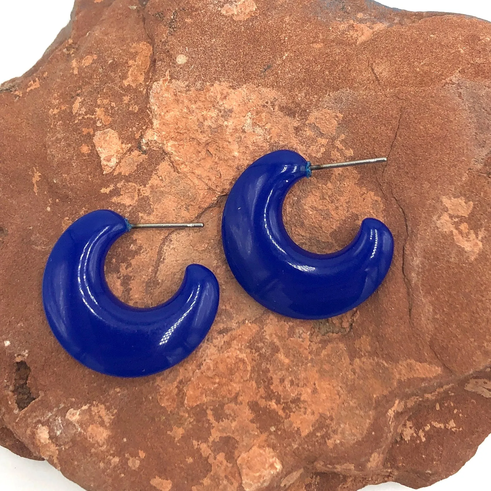 Deep Blue Art Deco Flat Hoop Earrings