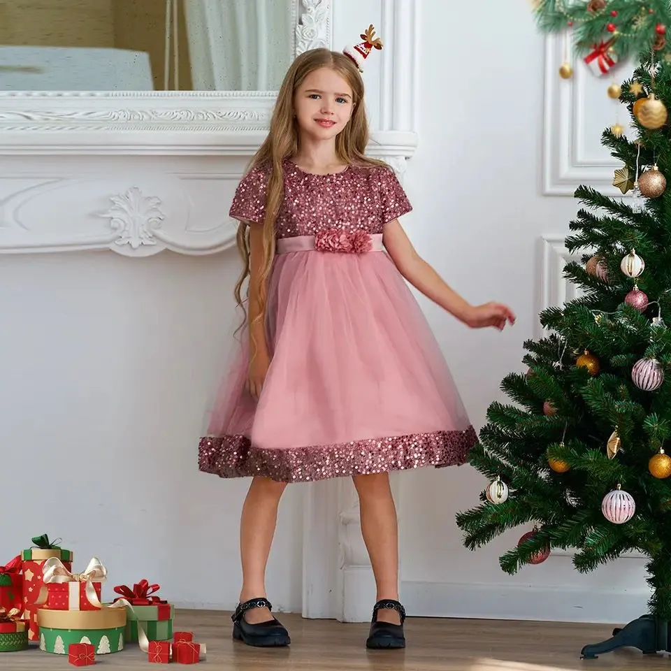 Elegant Kids Sequin Bow Birthday Princess Clothes Children S4945944