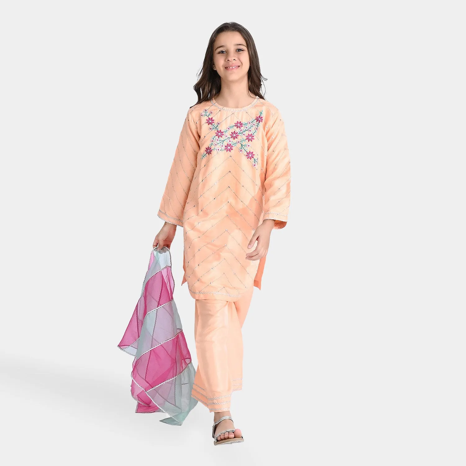 Girls Raw Silk 3Pcs Delicate-Peach