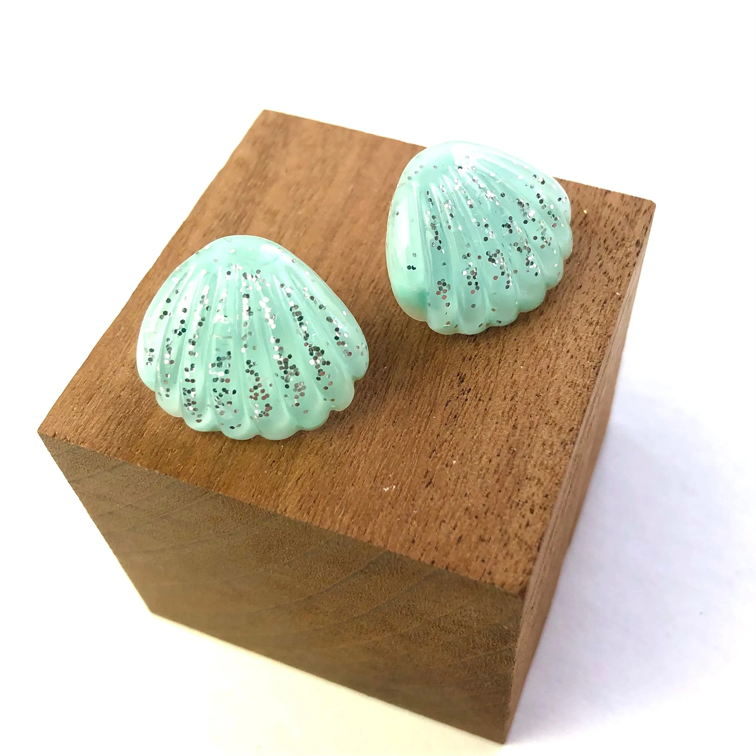 Ice Blue Oyster Shell Glitter Stud Earrings