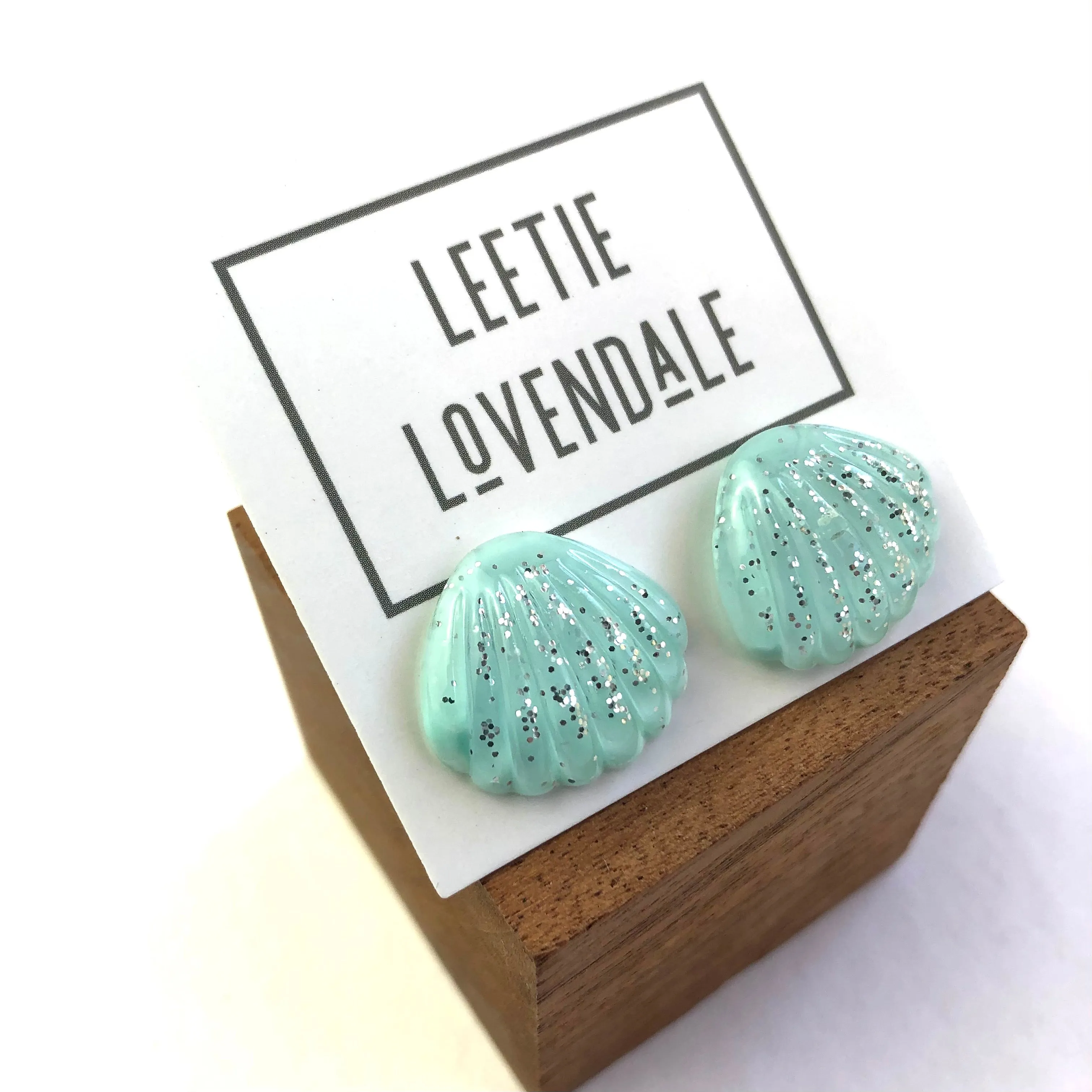 Ice Blue Oyster Shell Glitter Stud Earrings