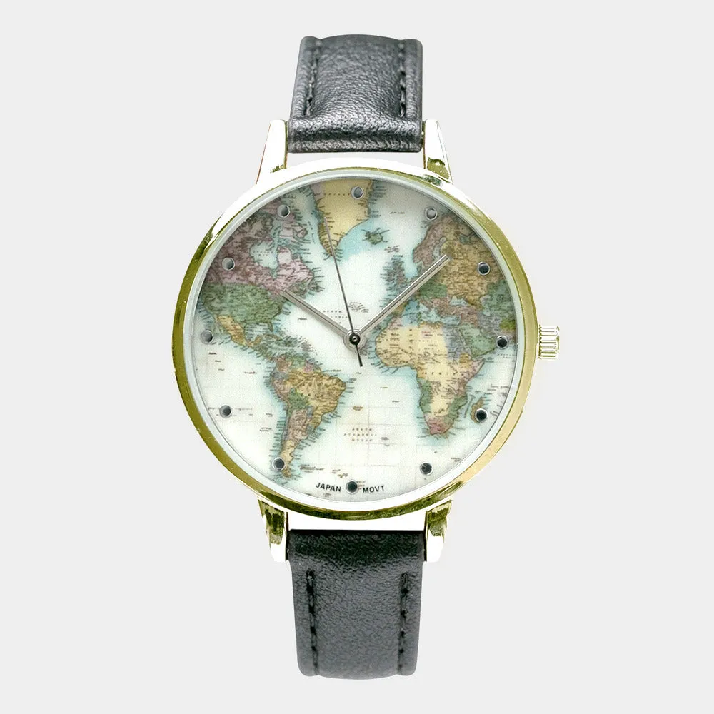 iLLASPARKZ Map Printed Round Dial Faux Leather Band Watch