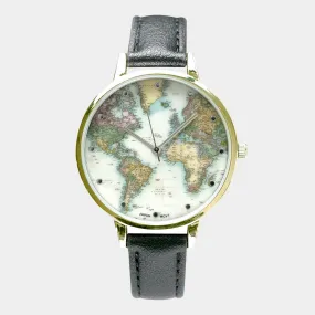 iLLASPARKZ Map Printed Round Dial Faux Leather Band Watch