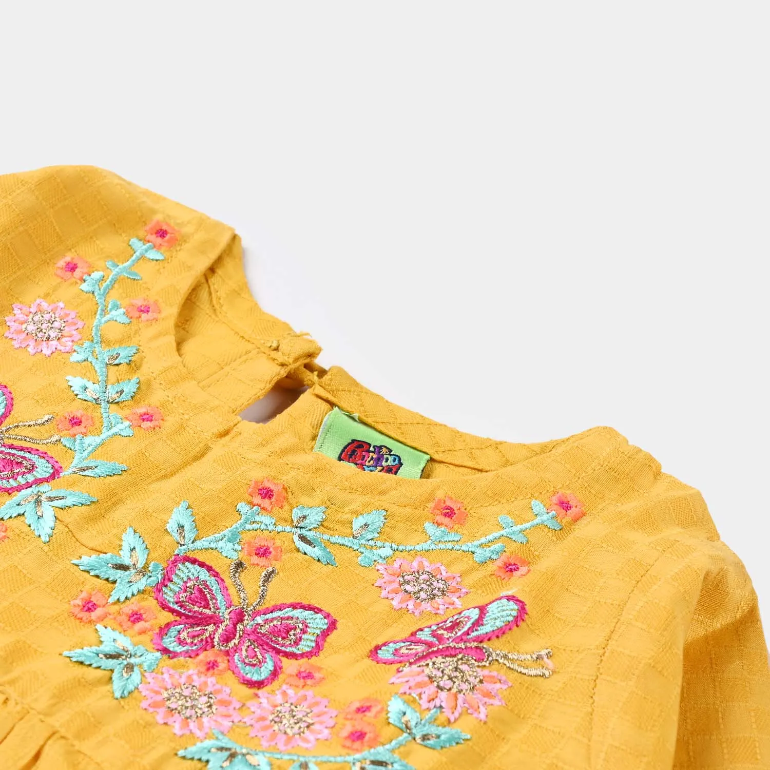 Infant Girls Dobby EMB Kurti Megical Garden-Mustard