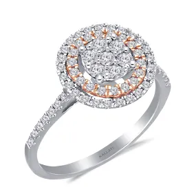 Kallati Eternal Double Halo Diamond Cluster Engagement Ring in 14K Two Tone White and Rose Gold