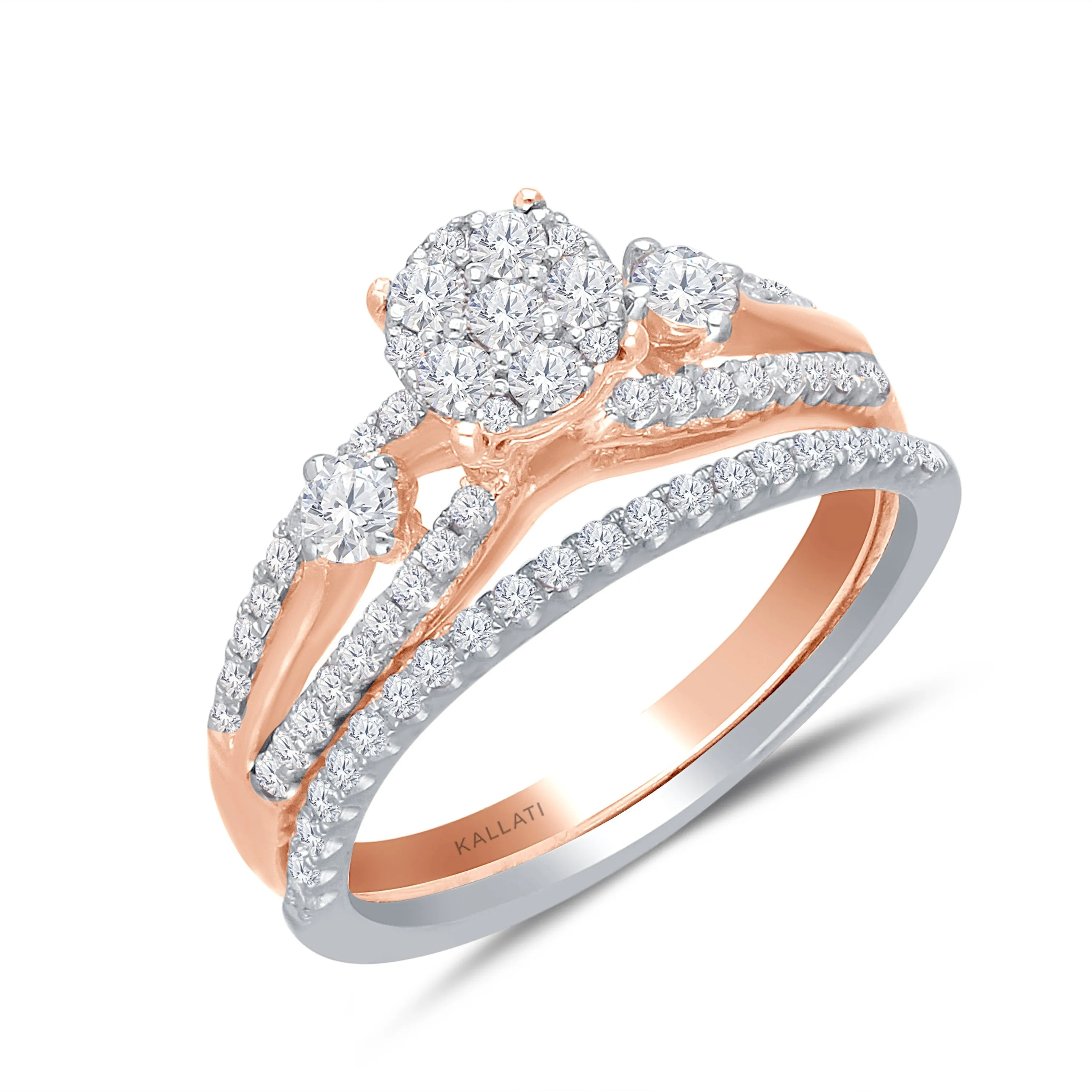 Kallati Eternal Round Cluster Diamond Ring in 14K Rose Gold with matching 14K White Gold Diamond Band