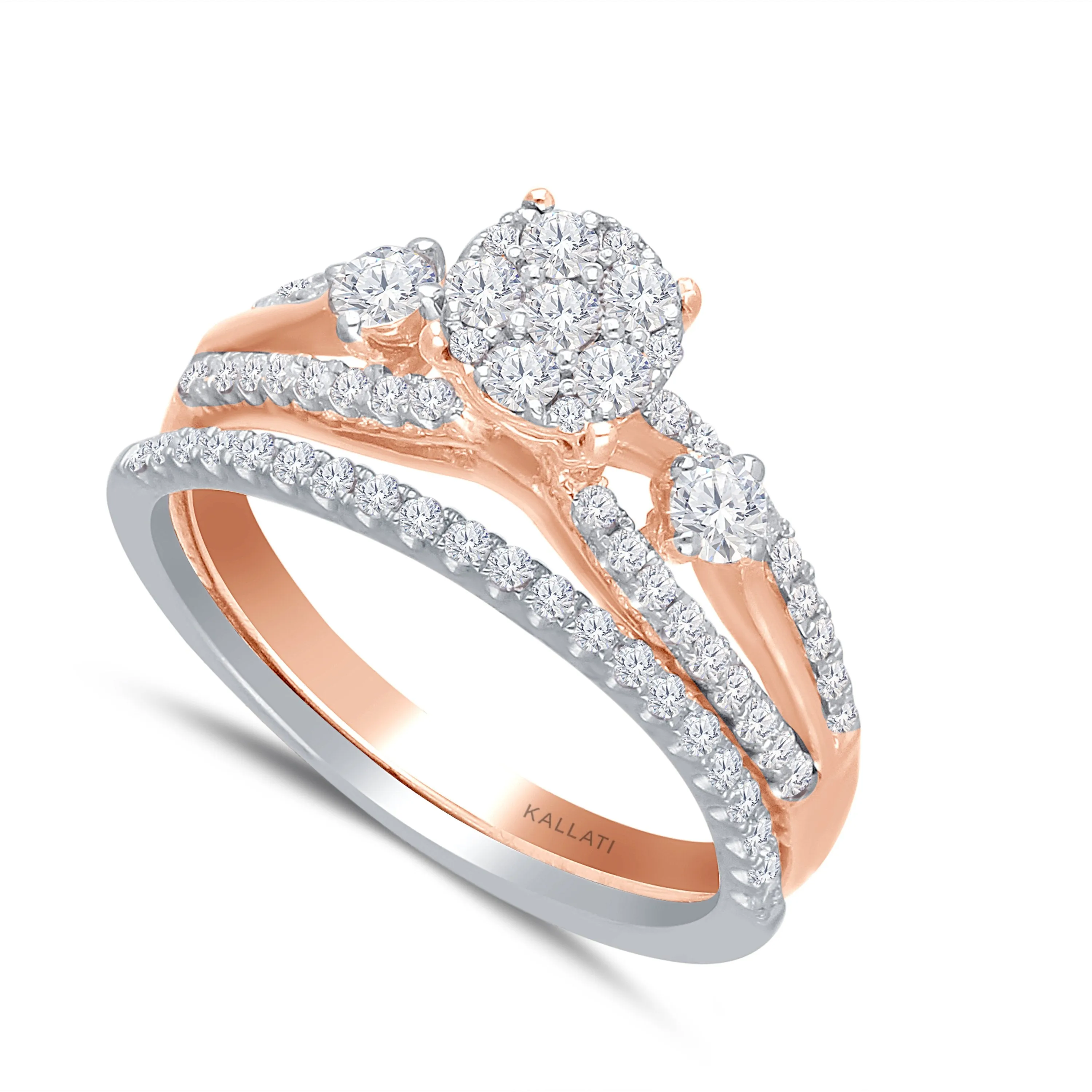 Kallati Eternal Round Cluster Diamond Ring in 14K Rose Gold with matching 14K White Gold Diamond Band