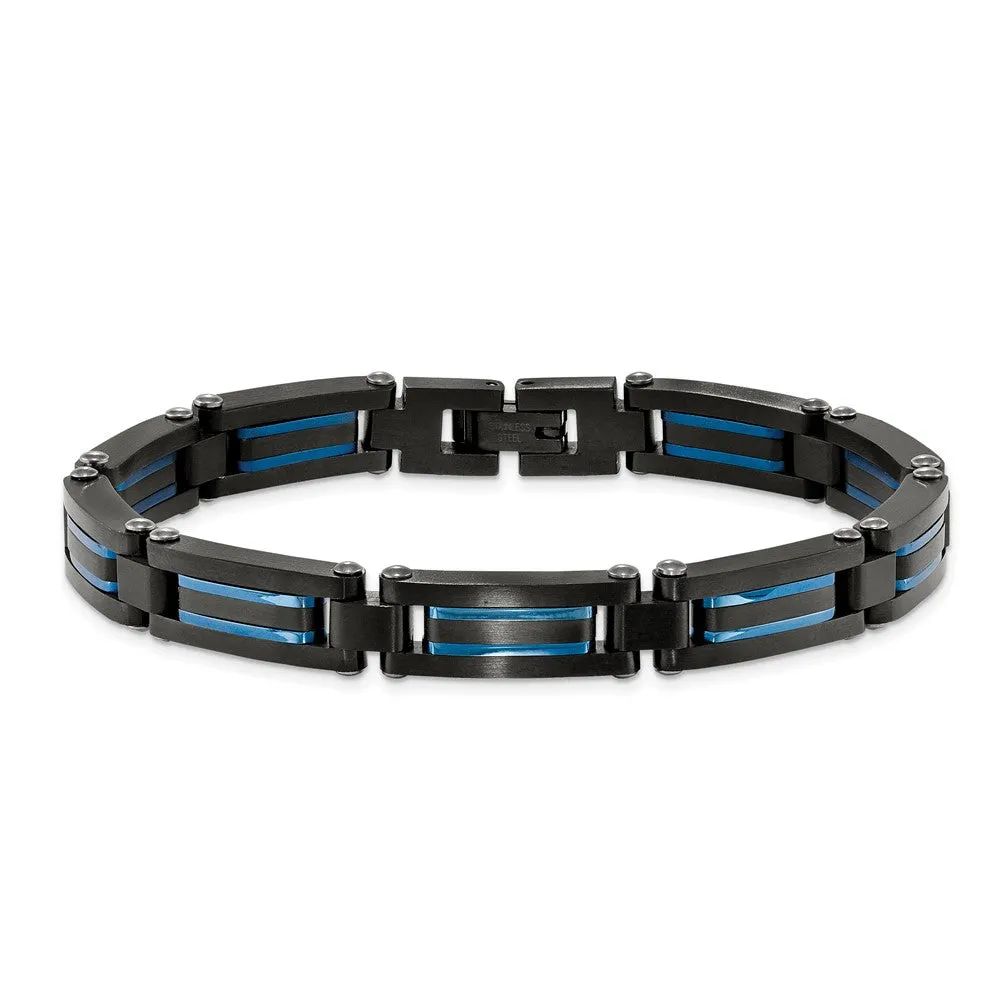 Mens 8.25mm Black & Blue Plated Stainless Steel Link Bracelet, 8.5 In