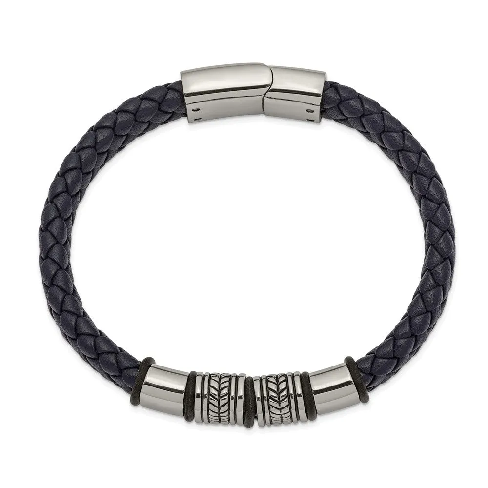 Men's Stainless Steel & Blue Leather Woven Bead Bracelet, 8.25 Inch