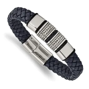 Men's Stainless Steel & Blue Leather Woven Bead Bracelet, 8.25 Inch