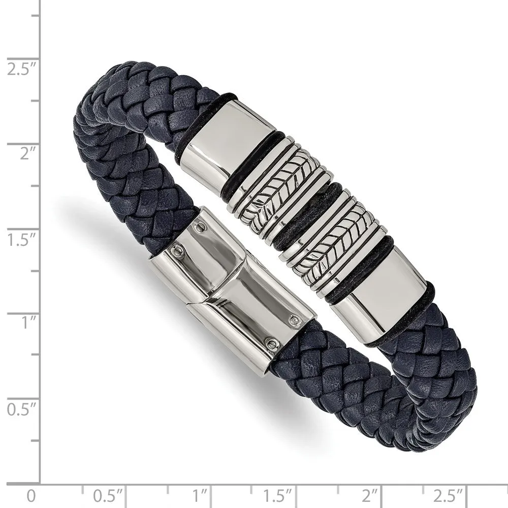 Men's Stainless Steel & Blue Leather Woven Bead Bracelet, 8.25 Inch