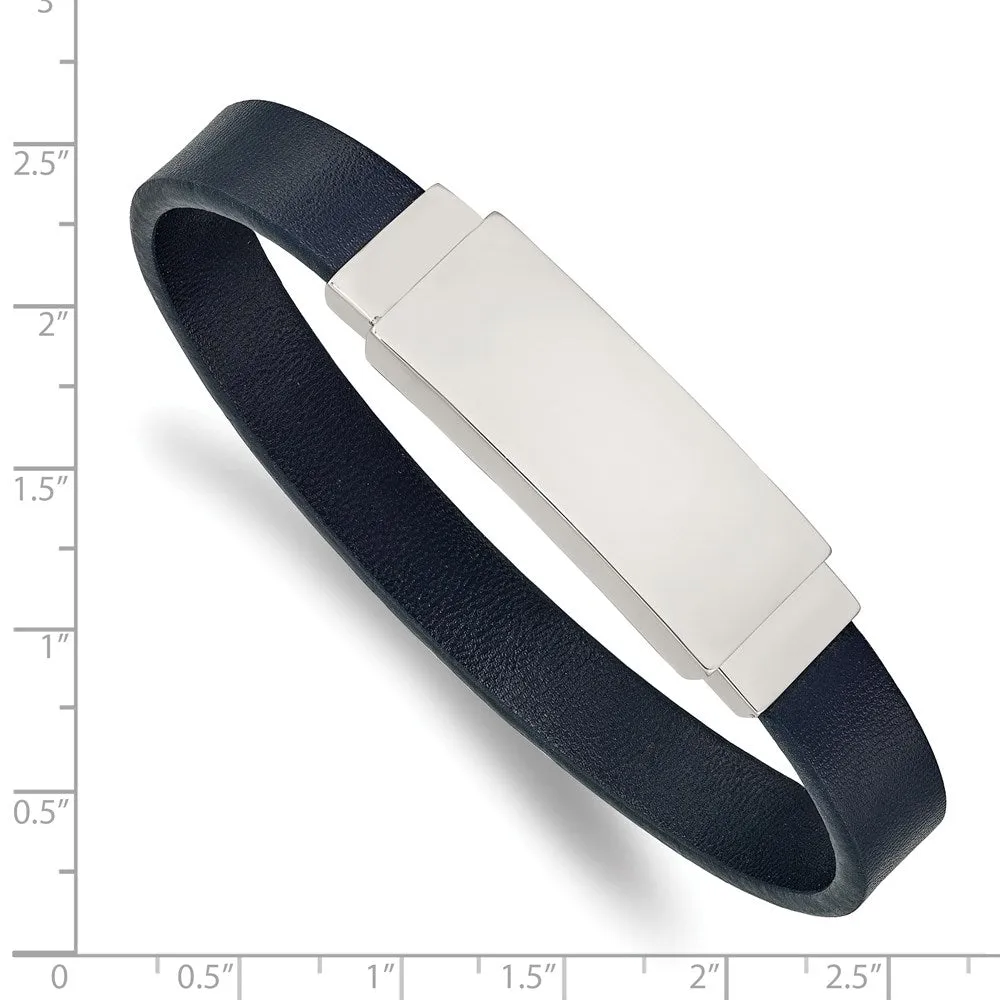 Men's Stainless Steel & Navy Blue Leather I.D. Bracelet, 8.5 Inch