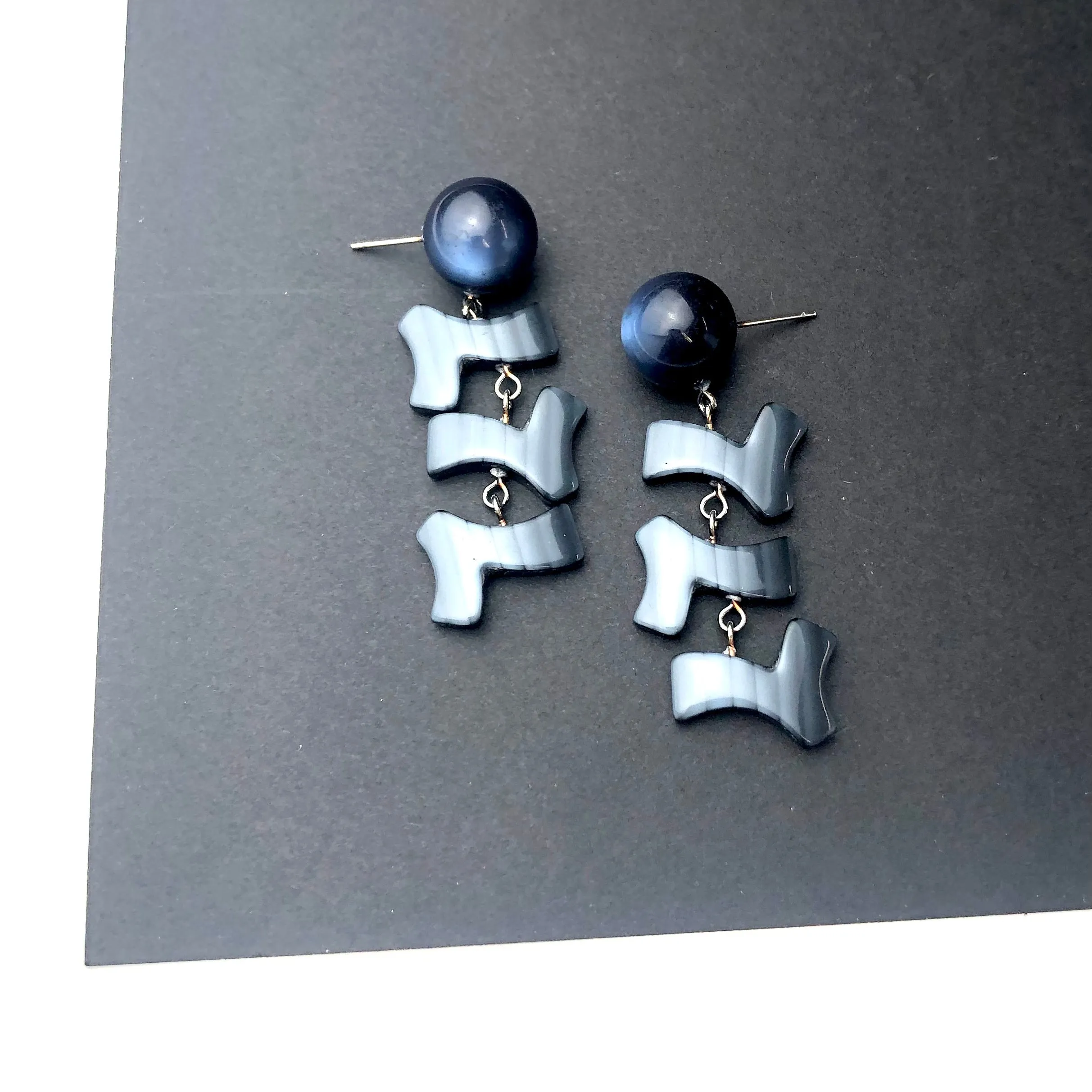 Midnight Blue & Slate Moonglow Zag Statement Earrings *