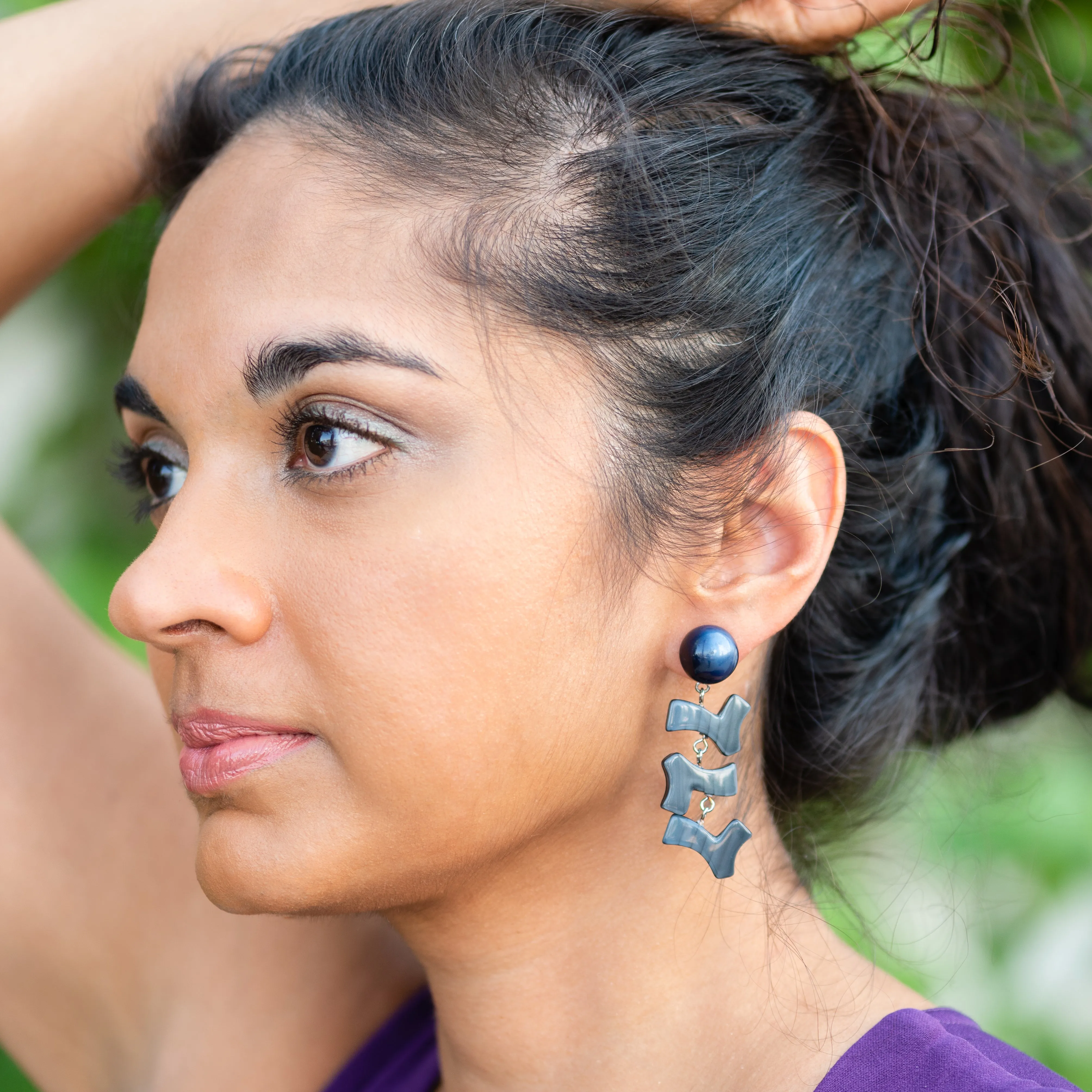 Midnight Blue & Slate Moonglow Zag Statement Earrings *