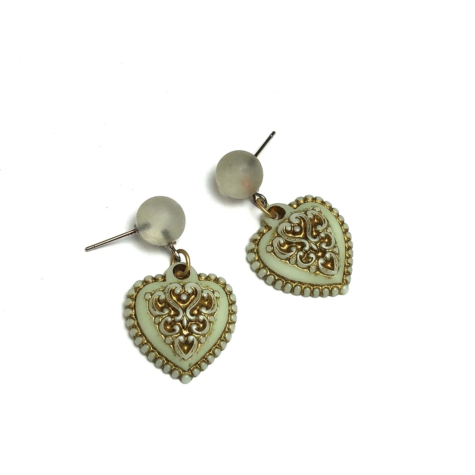 Mint Green & Gold Nouveau Heart Drop Earrings