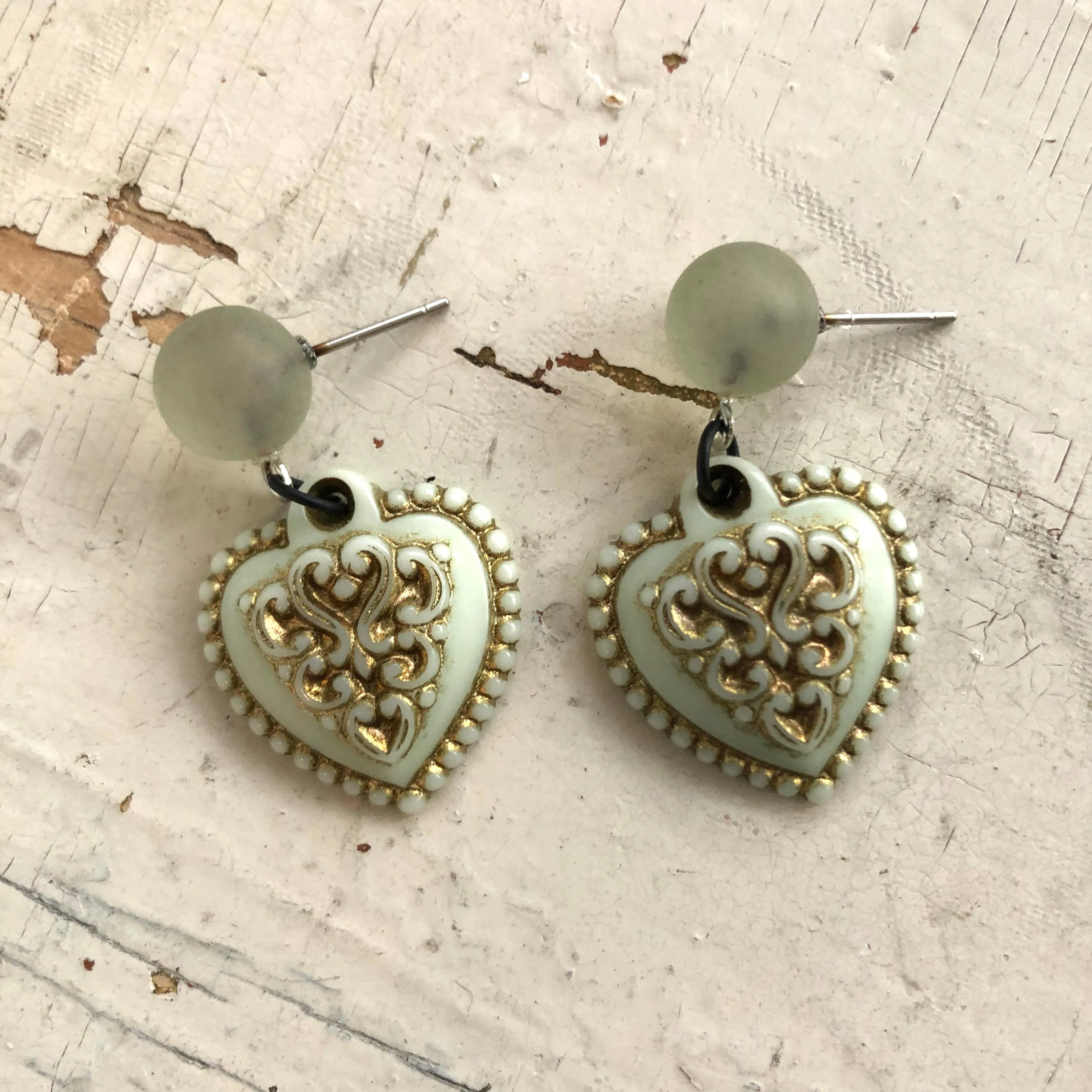 Mint Green & Gold Nouveau Heart Drop Earrings