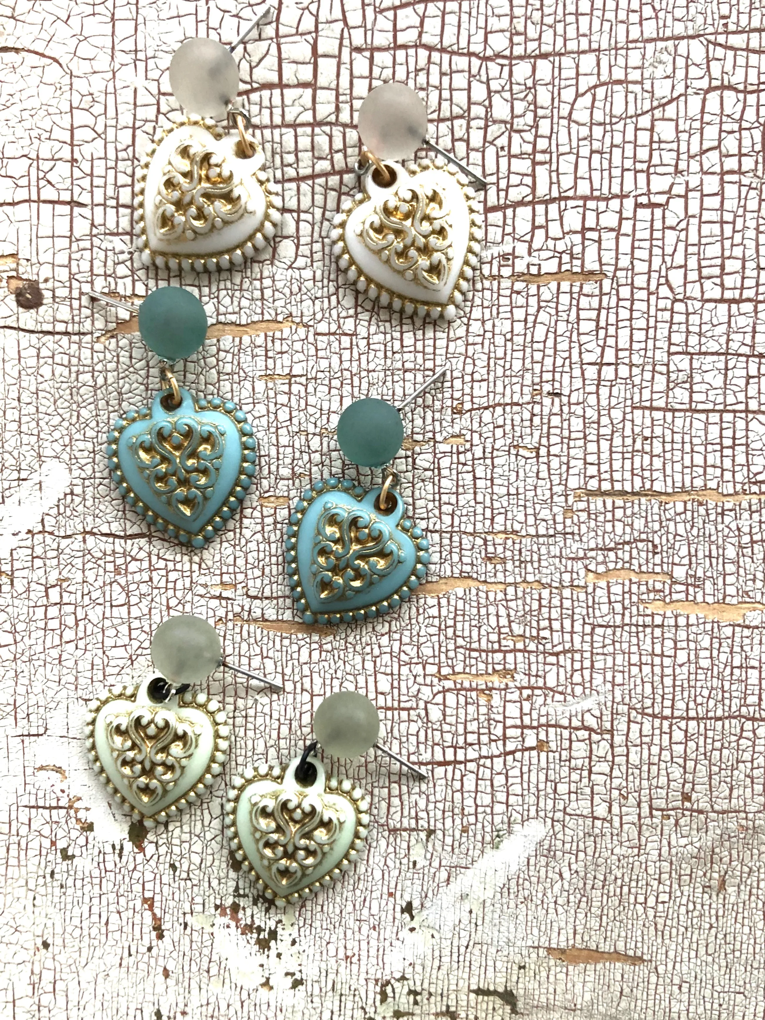 Mint Green & Gold Nouveau Heart Drop Earrings