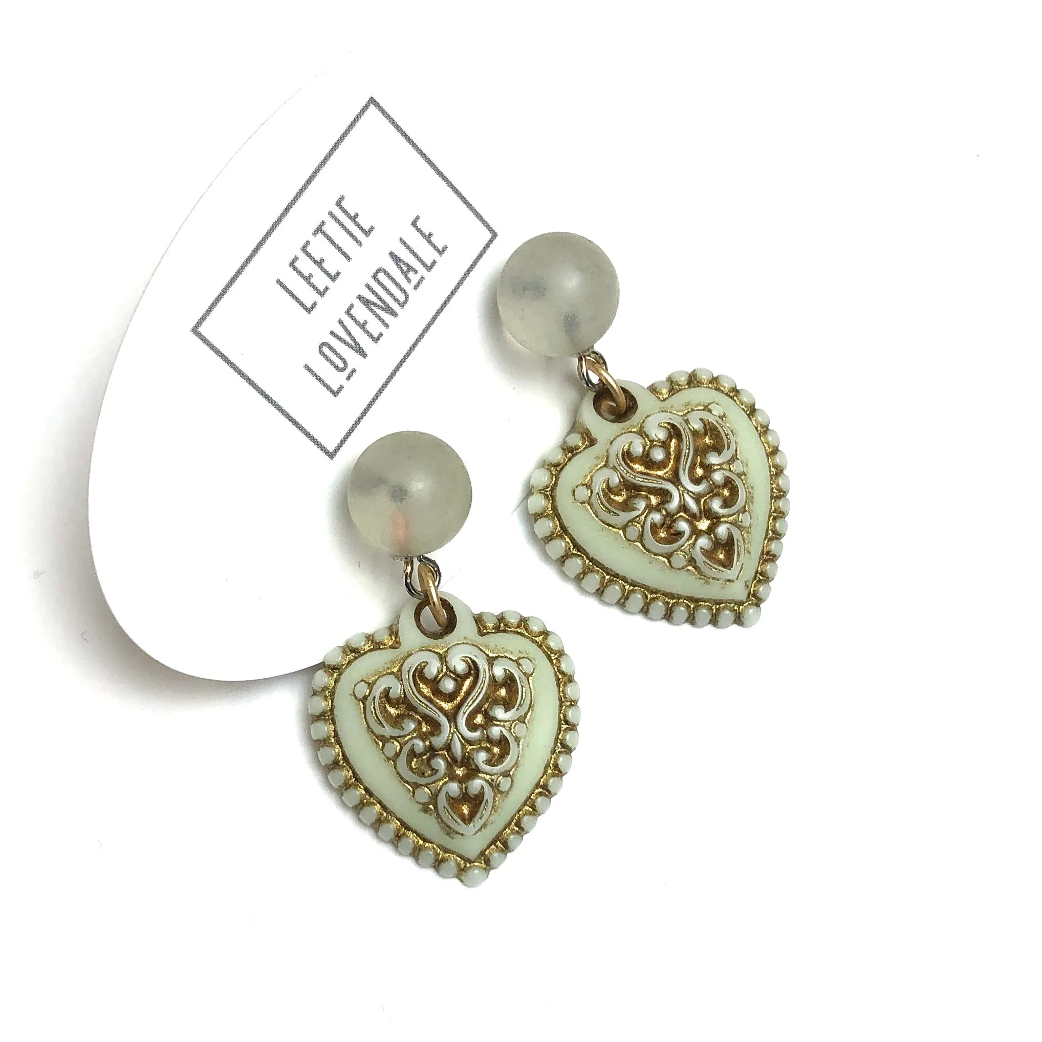 Mint Green & Gold Nouveau Heart Drop Earrings