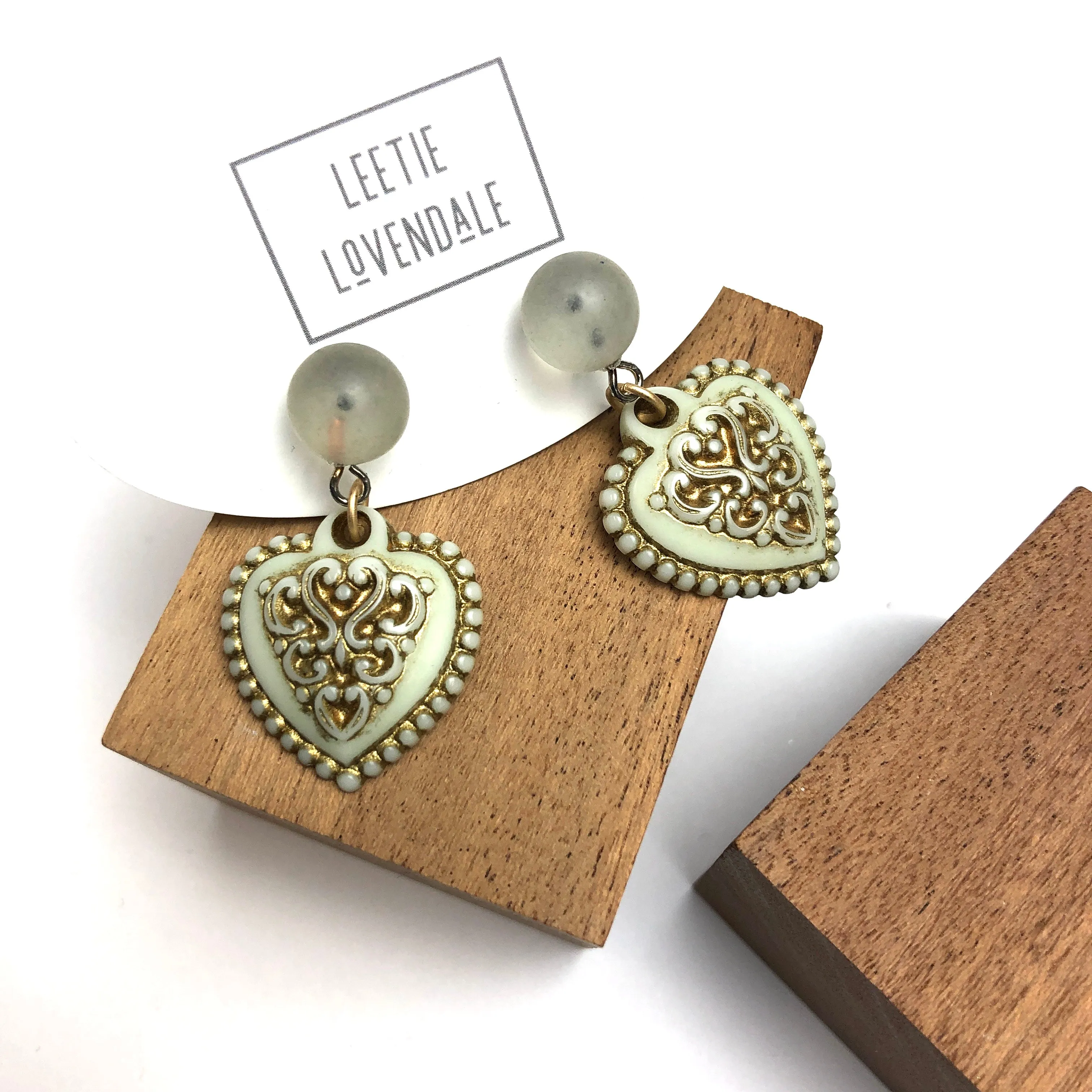 Mint Green & Gold Nouveau Heart Drop Earrings