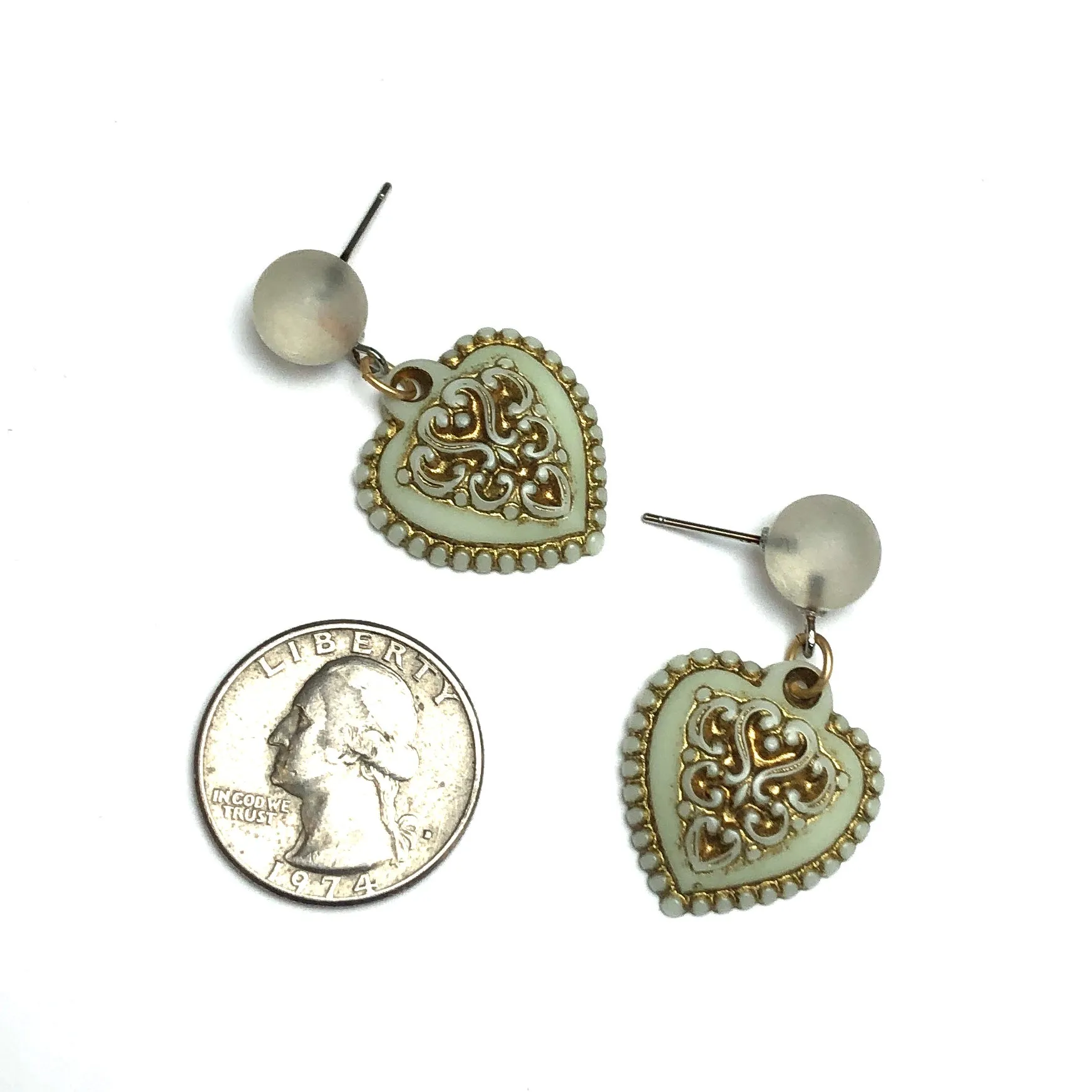 Mint Green & Gold Nouveau Heart Drop Earrings