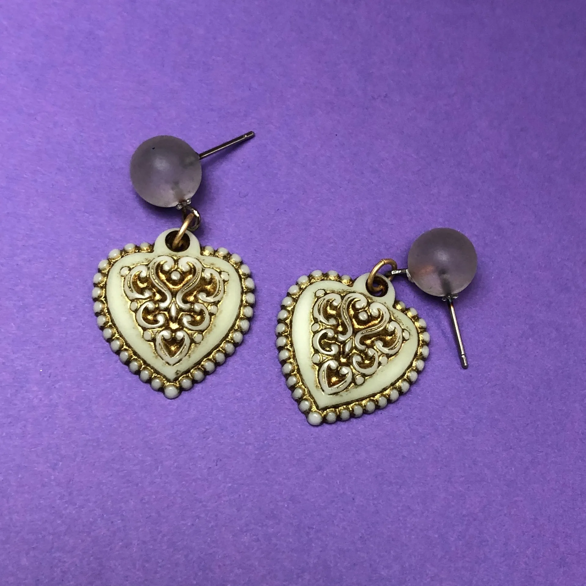 Mint Green & Gold Nouveau Heart Drop Earrings