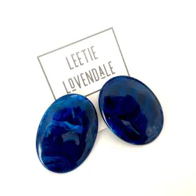 Navy Blue & Sapphire Marbled Oval Button Stud Earrings