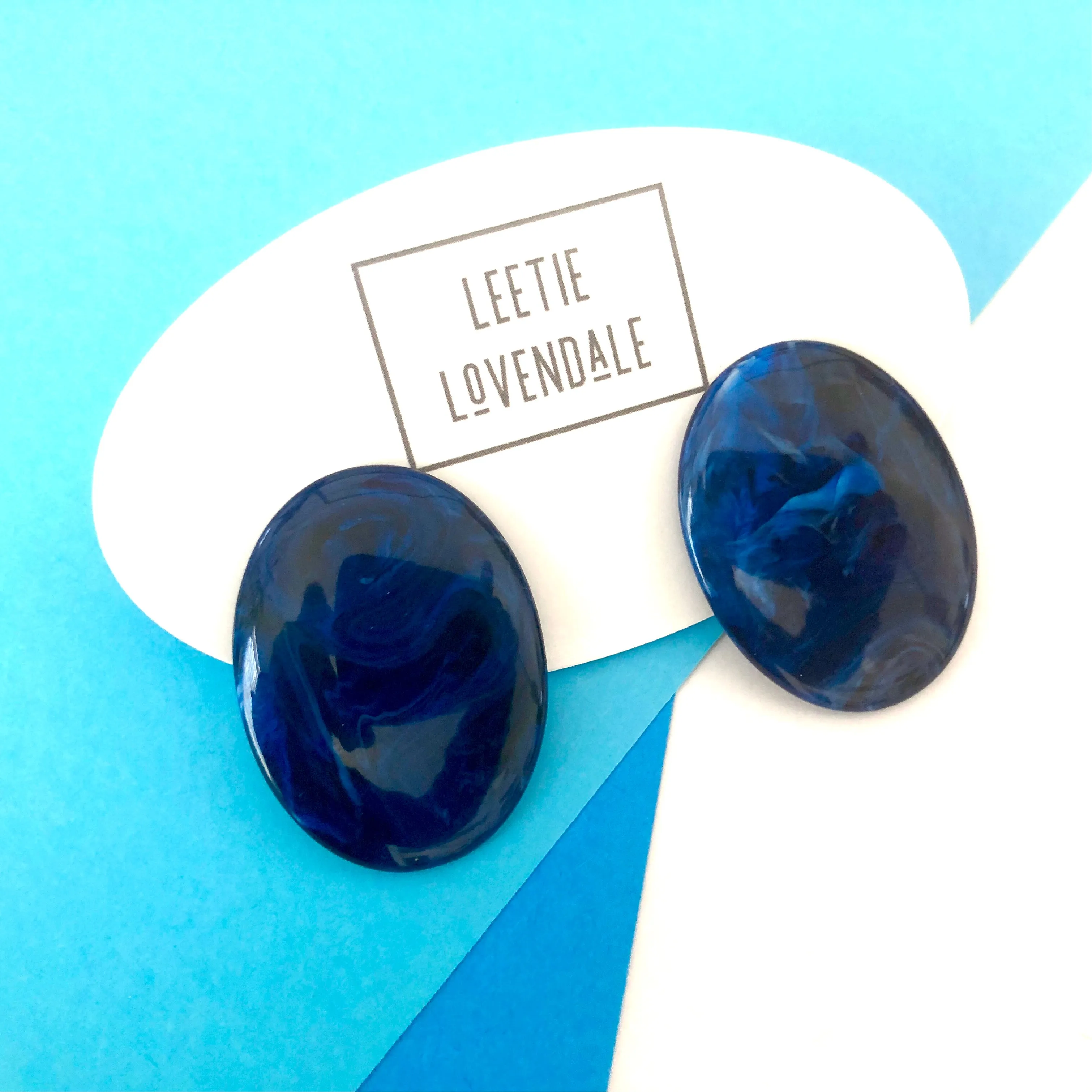 Navy Blue & Sapphire Marbled Oval Button Stud Earrings