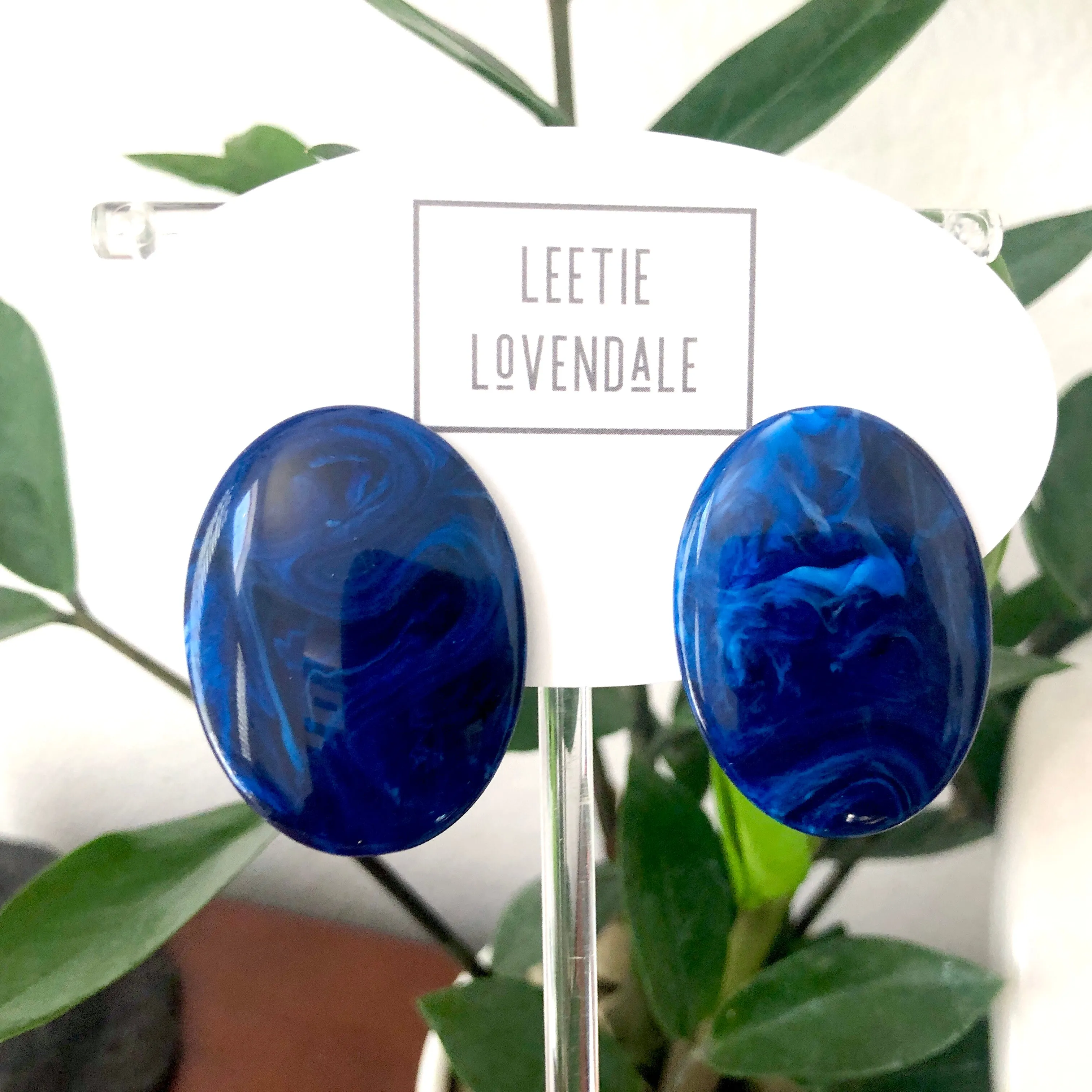 Navy Blue & Sapphire Marbled Oval Button Stud Earrings